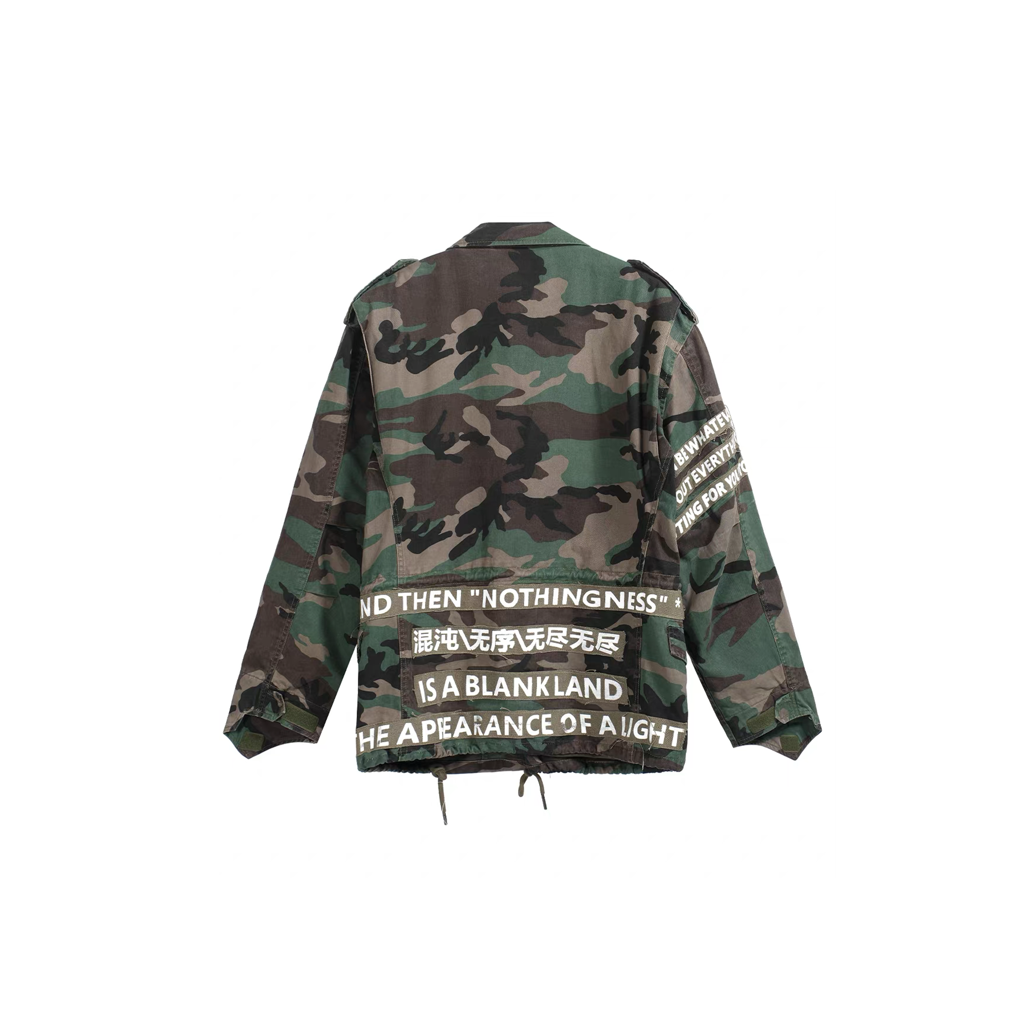 NOTHINGNESS WORLD Slogan Patchwork Multi-Pocket Utility Jacket, premium urban and streetwear designers apparel on PROJECTISR.com, NOTHINGNESS WORLD