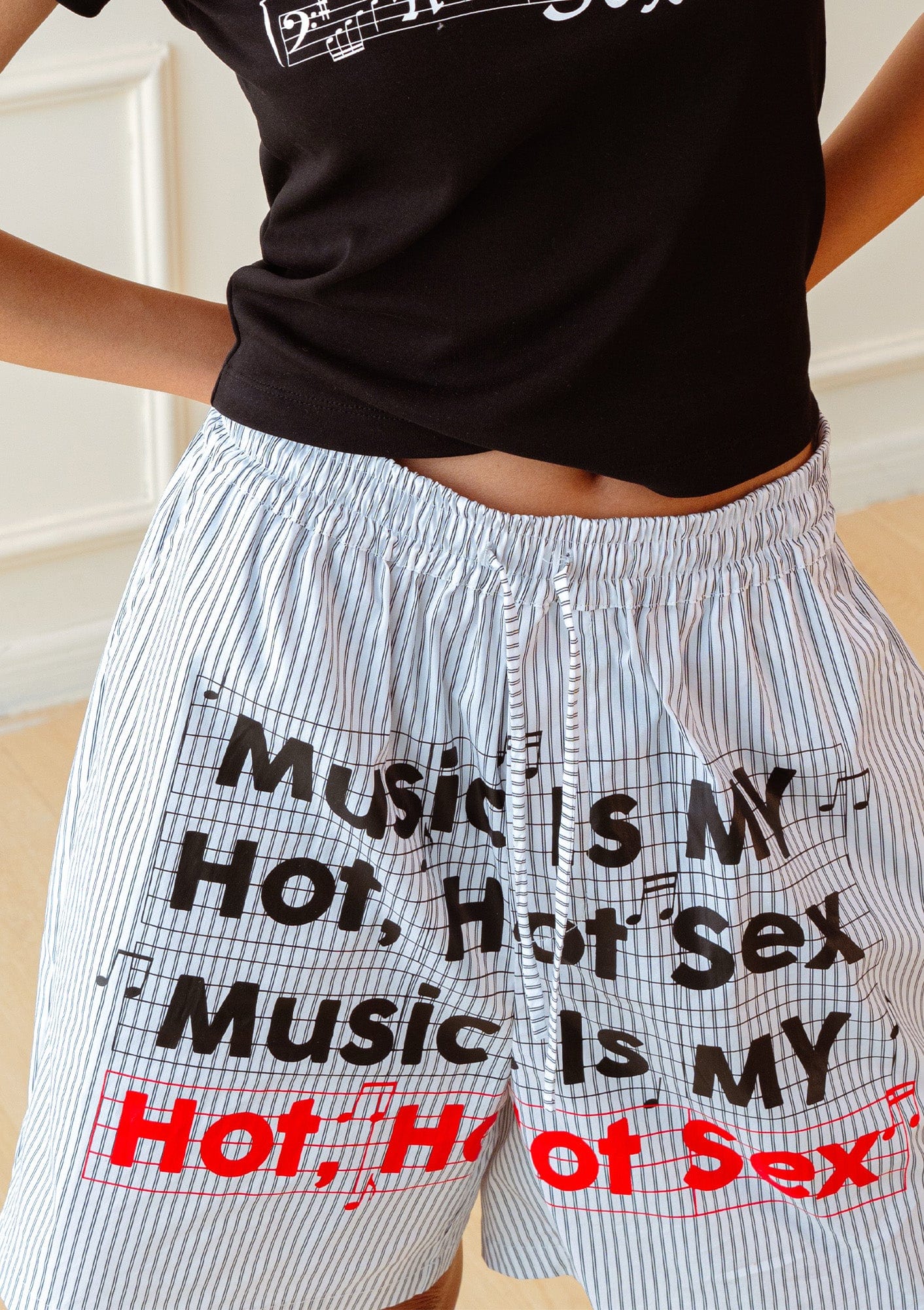 KADAKADA Stripe Slogan Graphic Lounge Shorts, premium urban and streetwear designers apparel on PROJECTISR.com, KADAKADA