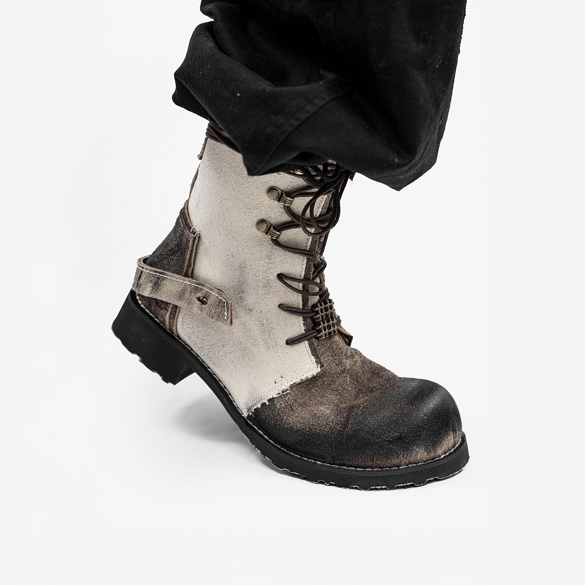 REWRITE Distressed Contrast Canvas-Leather Combat Boots, premium urban and streetwear designers apparel on PROJECTISR.com, REWRITE