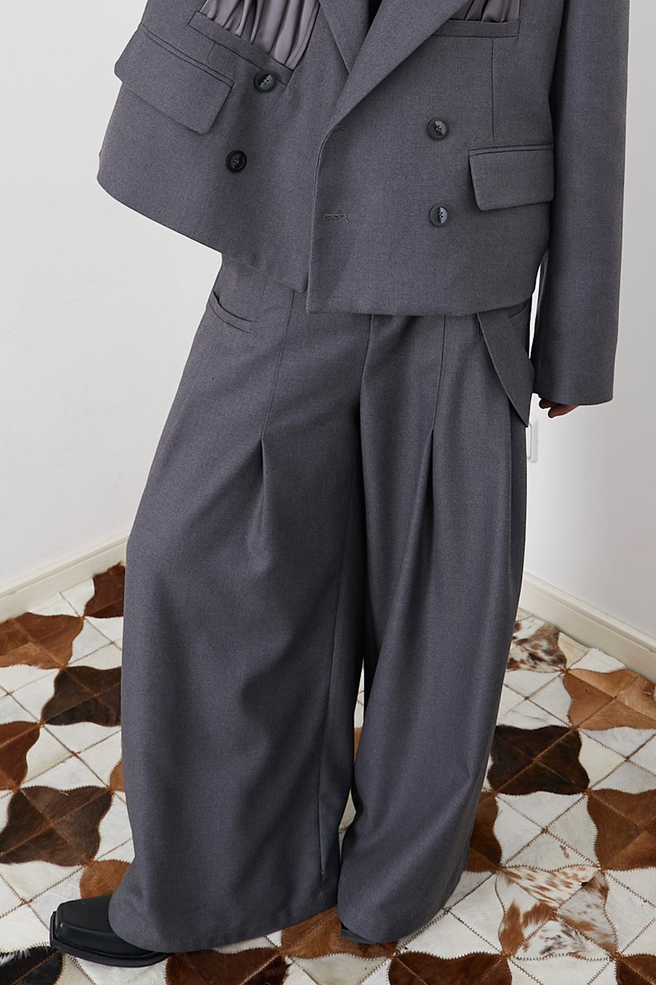 ASSEEN Asymmetrical Tab Pleated Wide-Leg Pants Gray, premium urban and streetwear designers apparel on PROJECTISR.com, ASSEEN