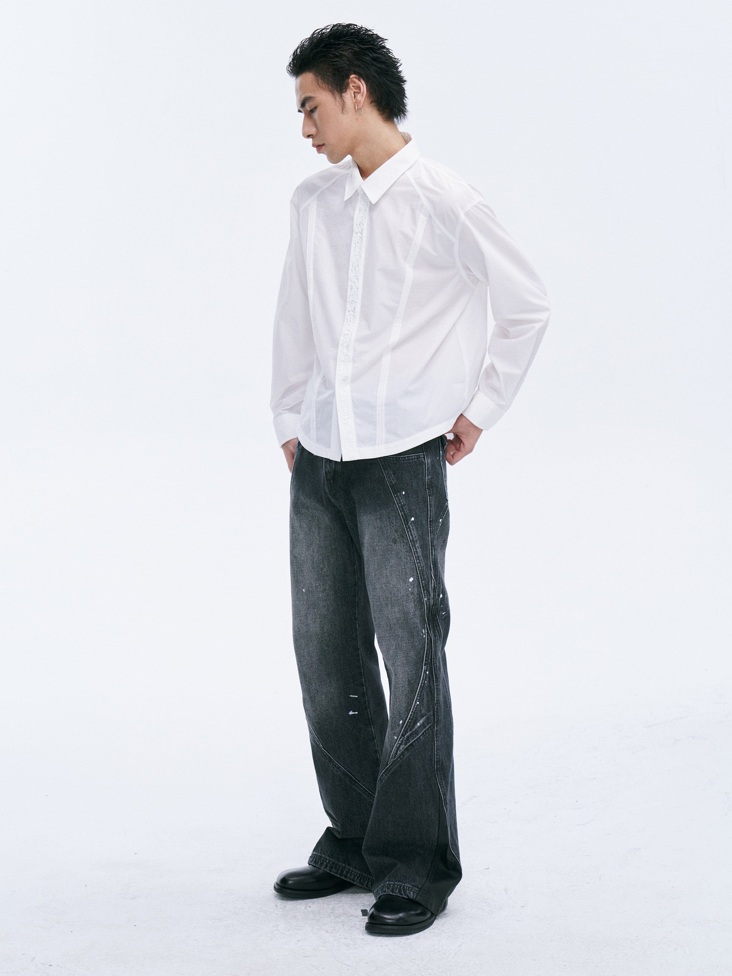 CATSSTAC Washed Panel Paint-Stain Wide-Leg Jeans, premium urban and streetwear designers apparel on PROJECTISR.com, CATSSTAC