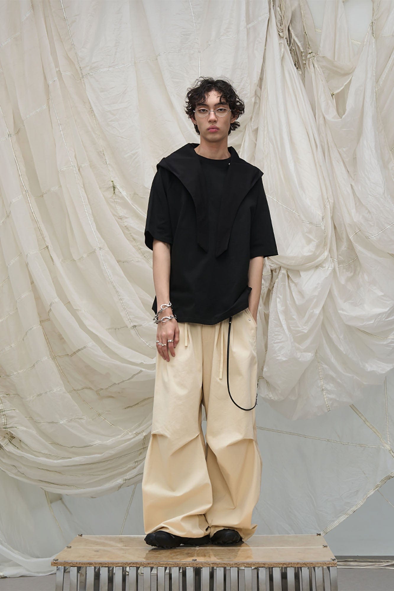 RELABEL Spliced Crinkled Oversized Cargo Pants, premium urban and streetwear designers apparel on PROJECTISR.com, RELABEL