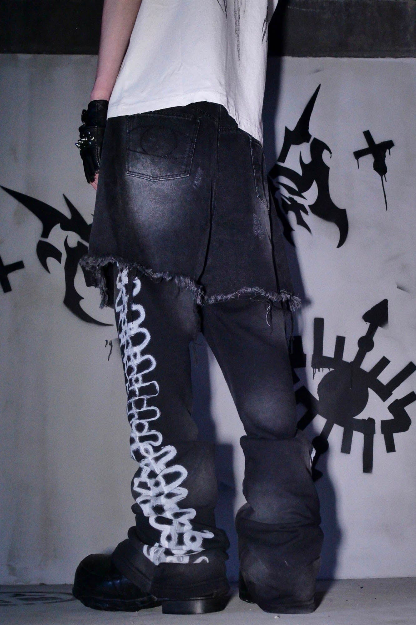 PHANTOMHUNTER Layered Ripped Spray-Painted Flared Jeans, premium urban and streetwear designers apparel on PROJECTISR.com, PHANTOMHUNTER