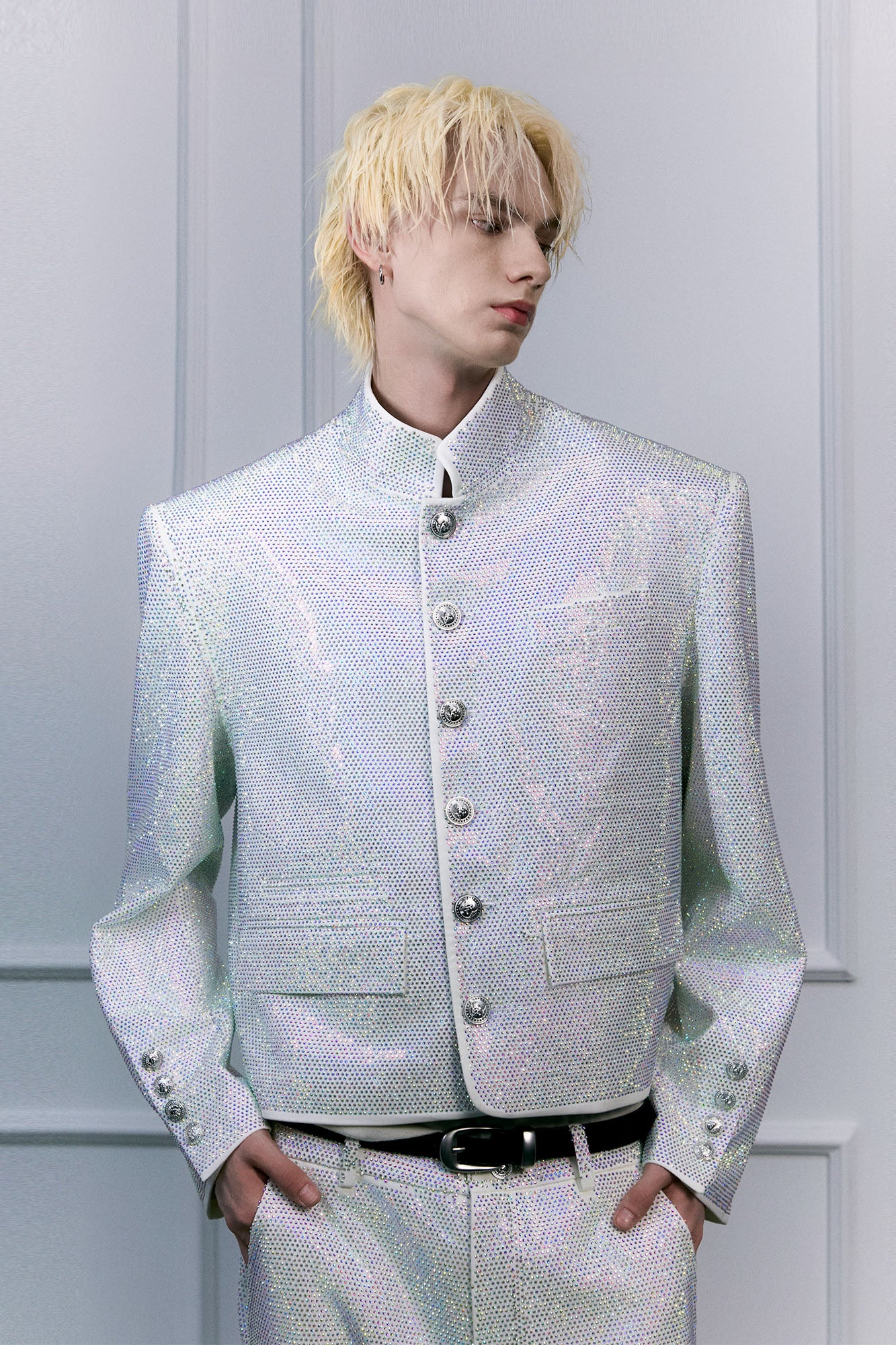 FACEONLAB Iridescent Diamond Mandarin Collar Jacket, premium urban and streetwear designers apparel on PROJECTISR.com, FACEONLAB