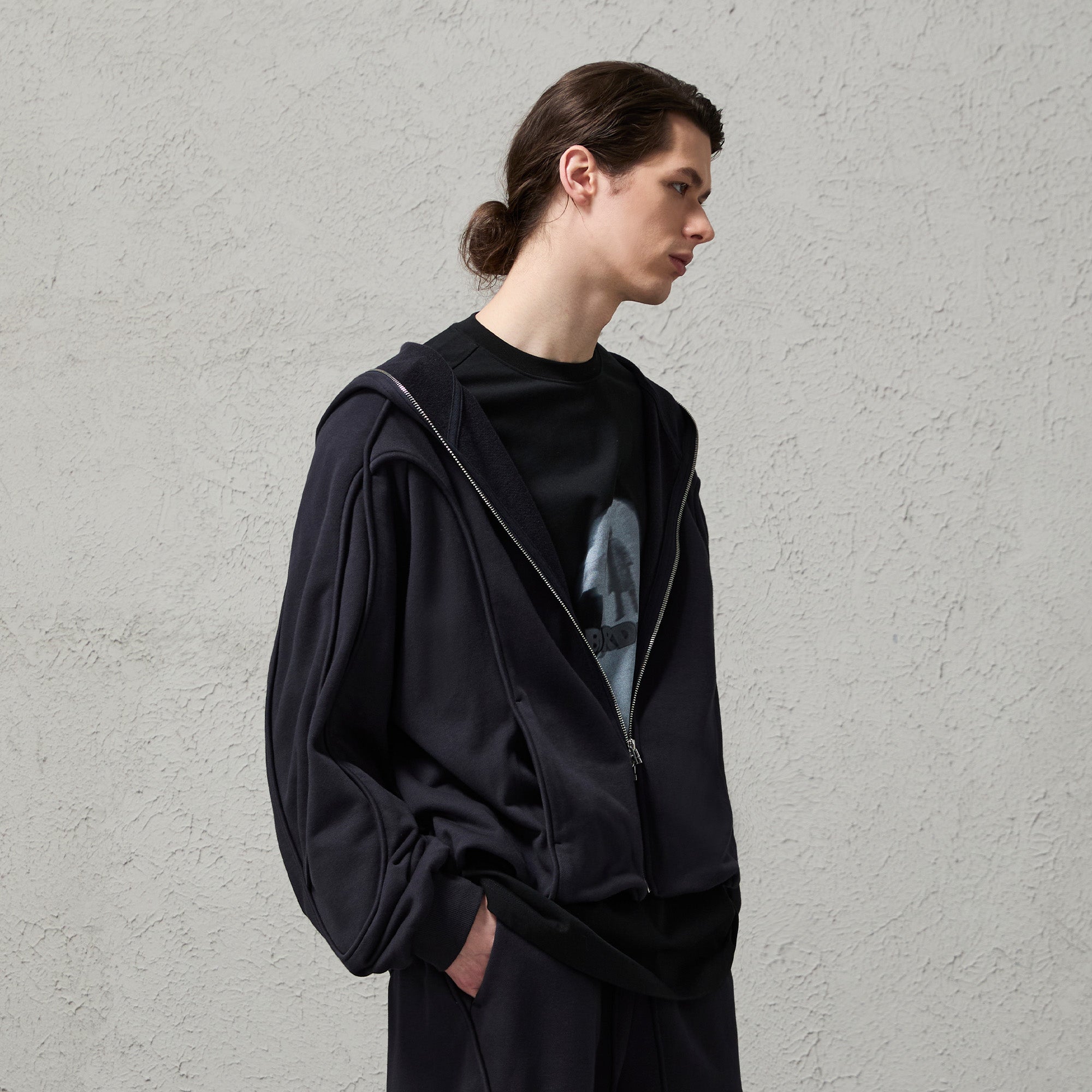 ORGANIC EMOTION Curved Panel Drawstring-Hem Zip-Up Hoodie, premium urban and streetwear designers apparel on PROJECTISR.com, ORGANIC EMOTION