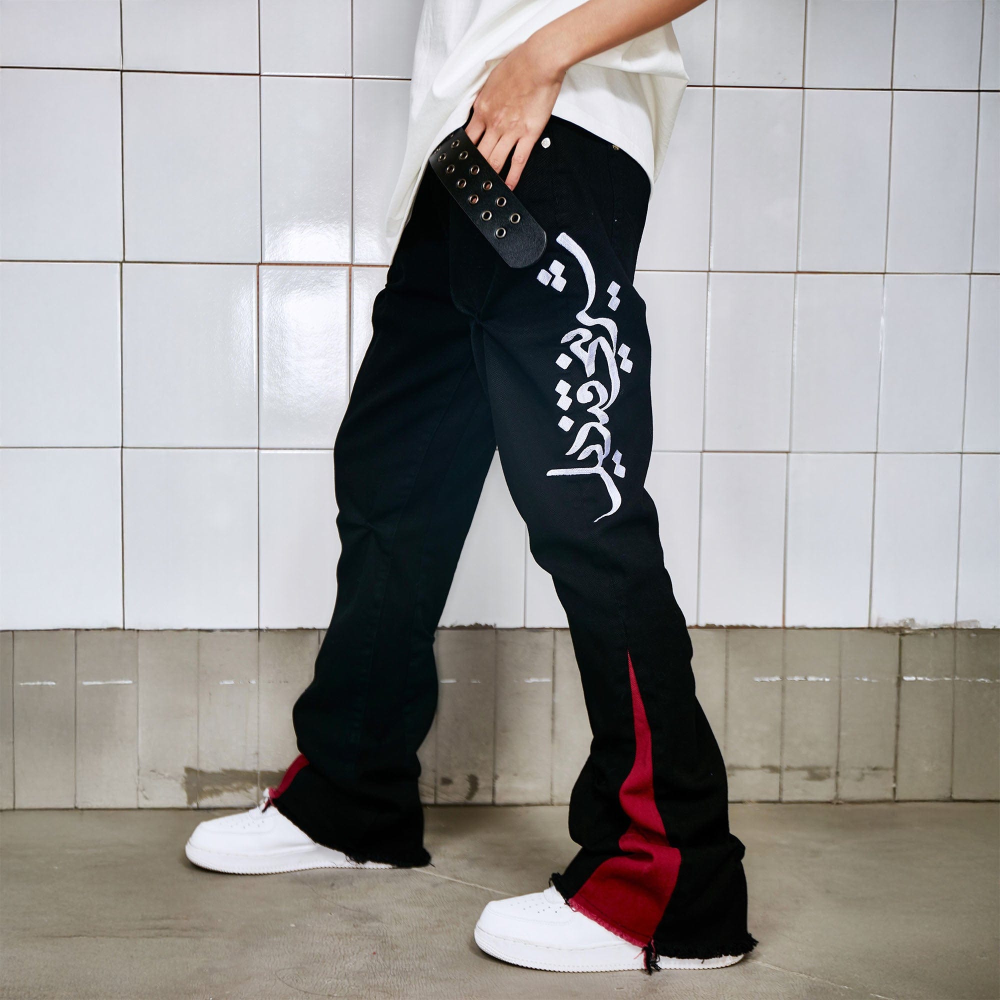 VINKID Arabic Script Crinkled Contrast Spliced Pants, premium urban and streetwear designers apparel on PROJECTISR.com, VINKID