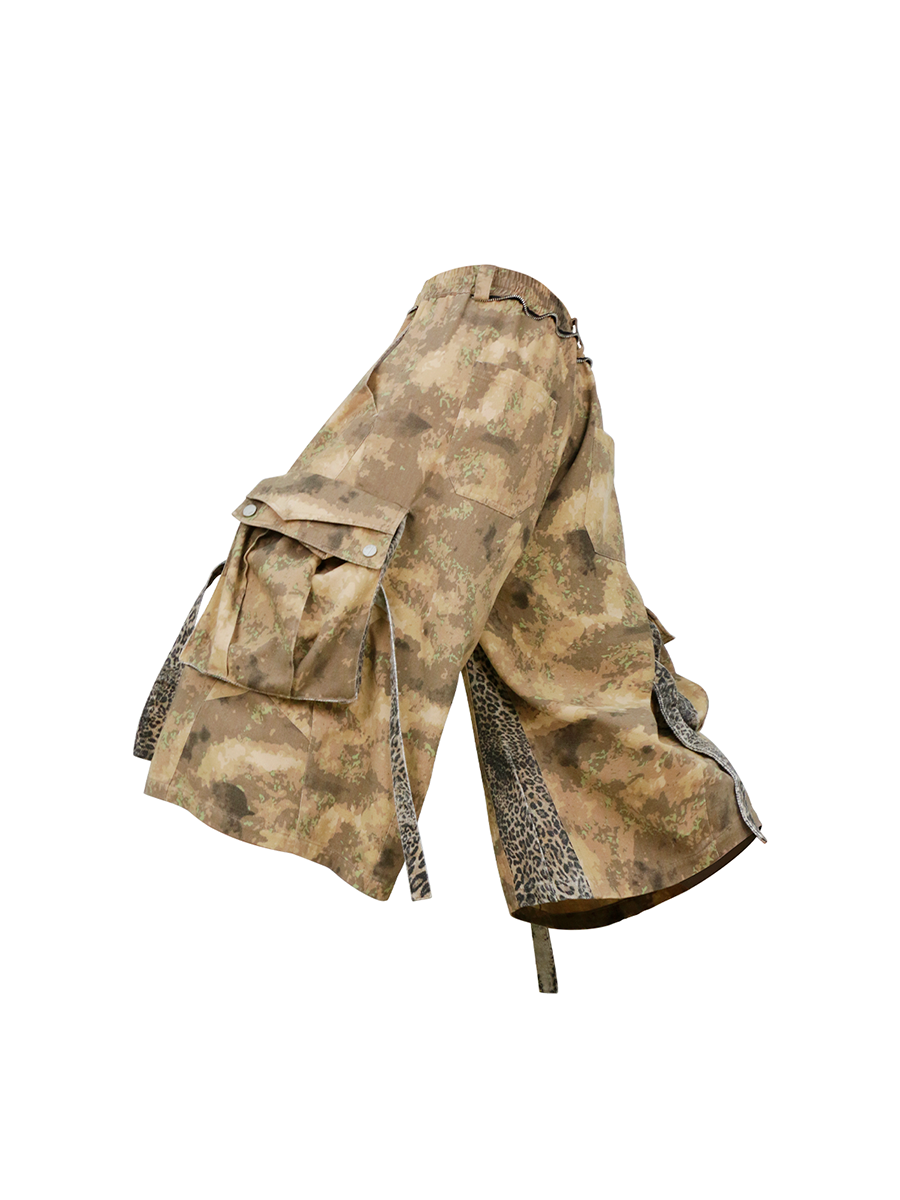 RELABEL Detachable Scarf Camo Leopard Panel Oversized Shorts, premium urban and streetwear designers apparel on PROJECTISR.com, RELABEL