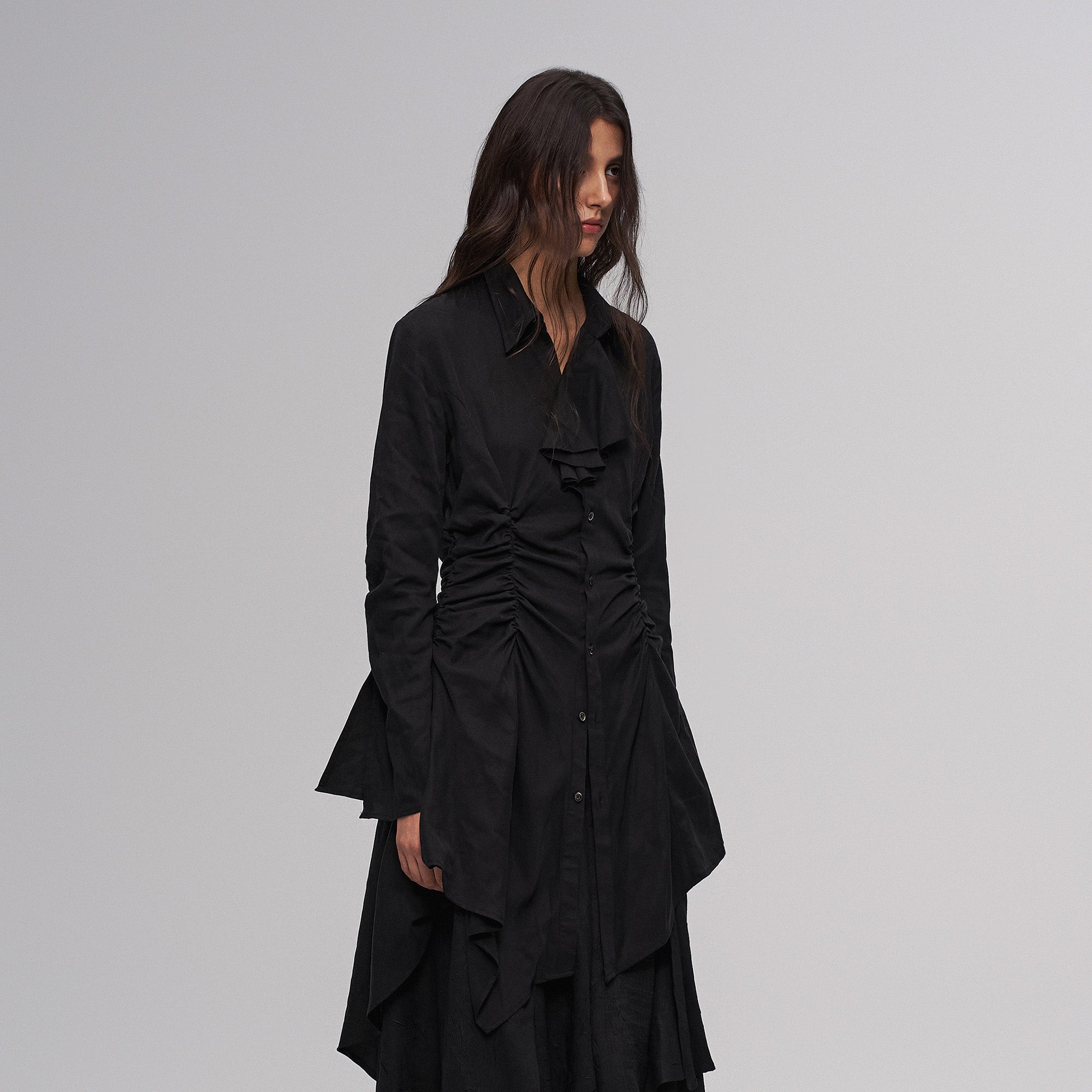 ILNya Nieternite Nifutur Asymmetric Ruched Waist Ruffle-Neck Long Shirt Black