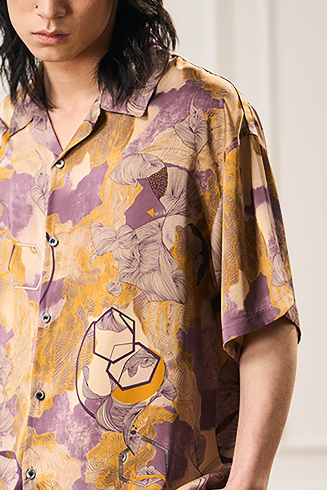 EPIC POETRY Botanic Geometry Satin Cuban Half Shirt, premium urban and streetwear designers apparel on PROJECTISR.com, EPIC POETRY