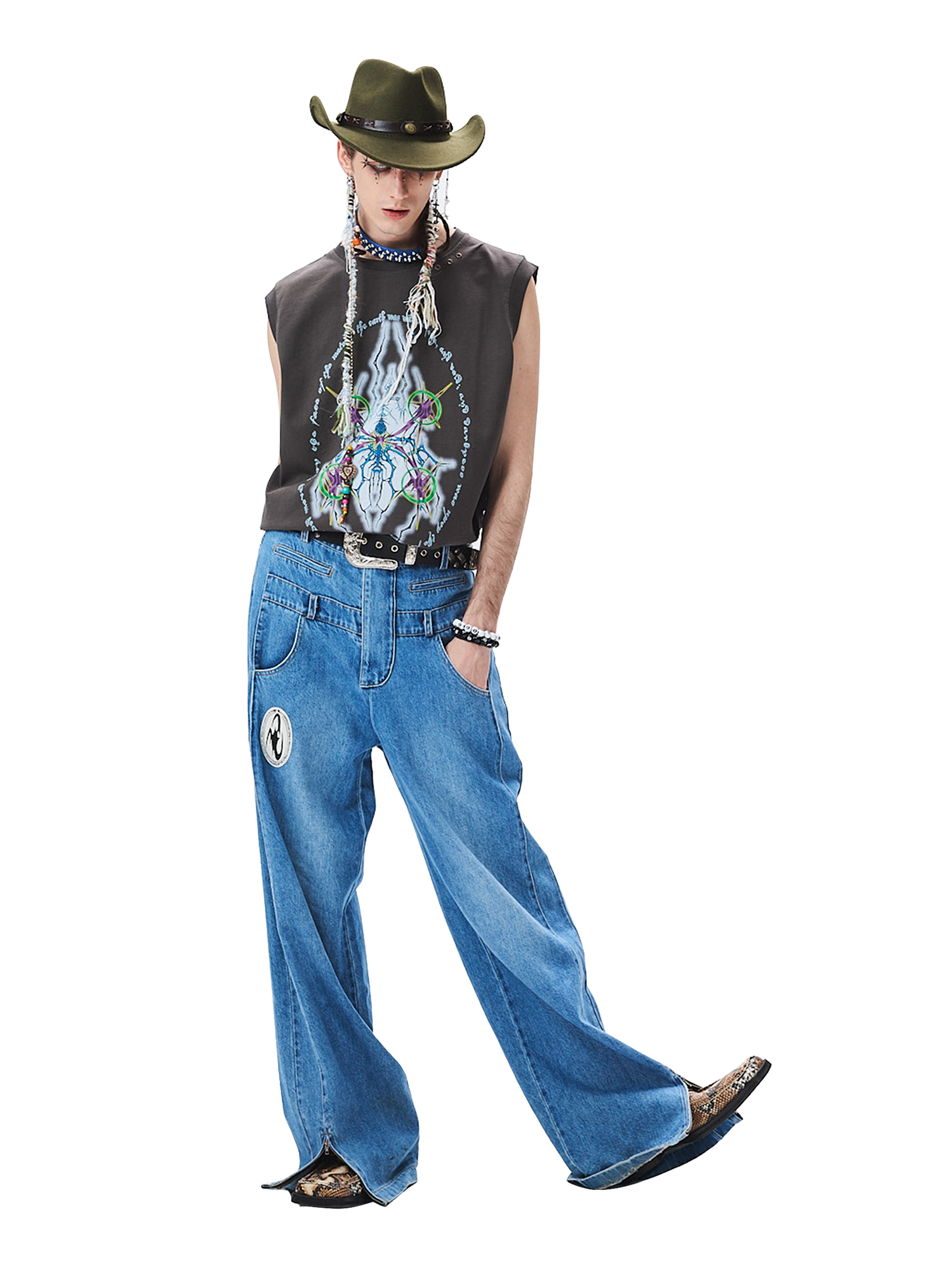 CYCYCY Deconstructed Double-Waist Washed Jeans