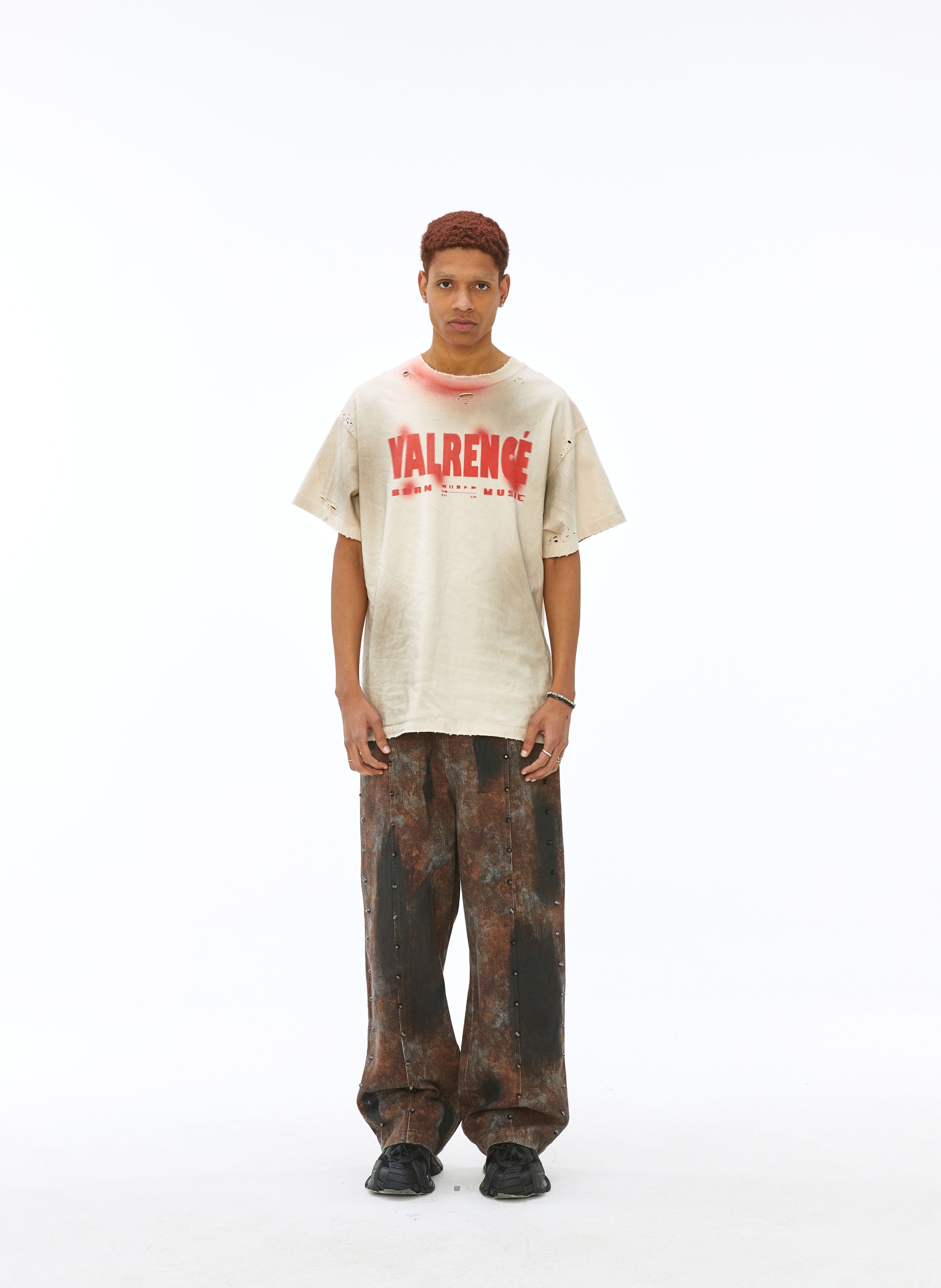 VANN VALRENCE Distressed Washed Spray Faded LOGO T-Shirt