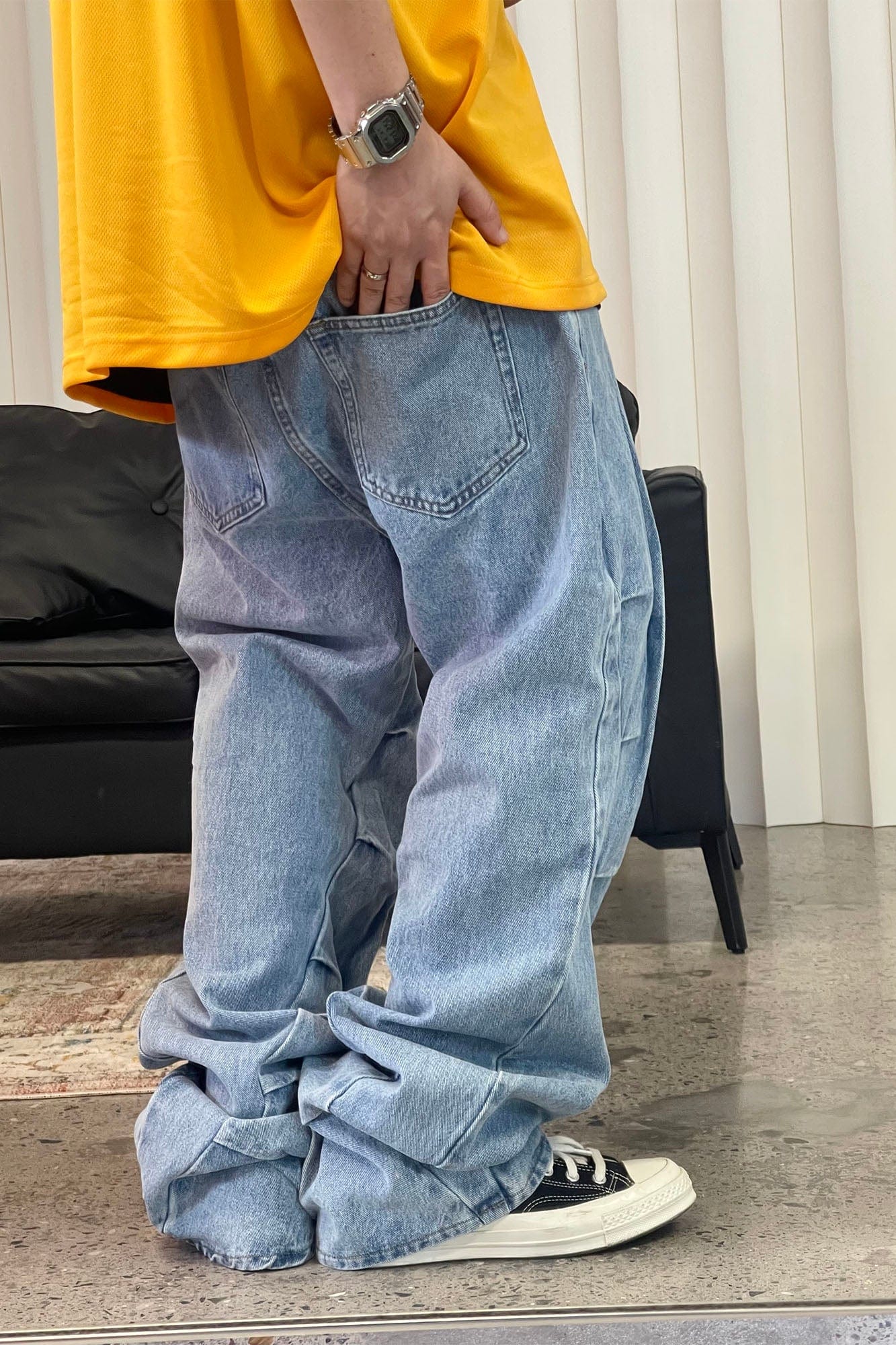 ME DA IGUAL Deconstructed Washed Ruched Jeans, premium urban and streetwear designers apparel on PROJECTISR.com, ME DA IGUAL