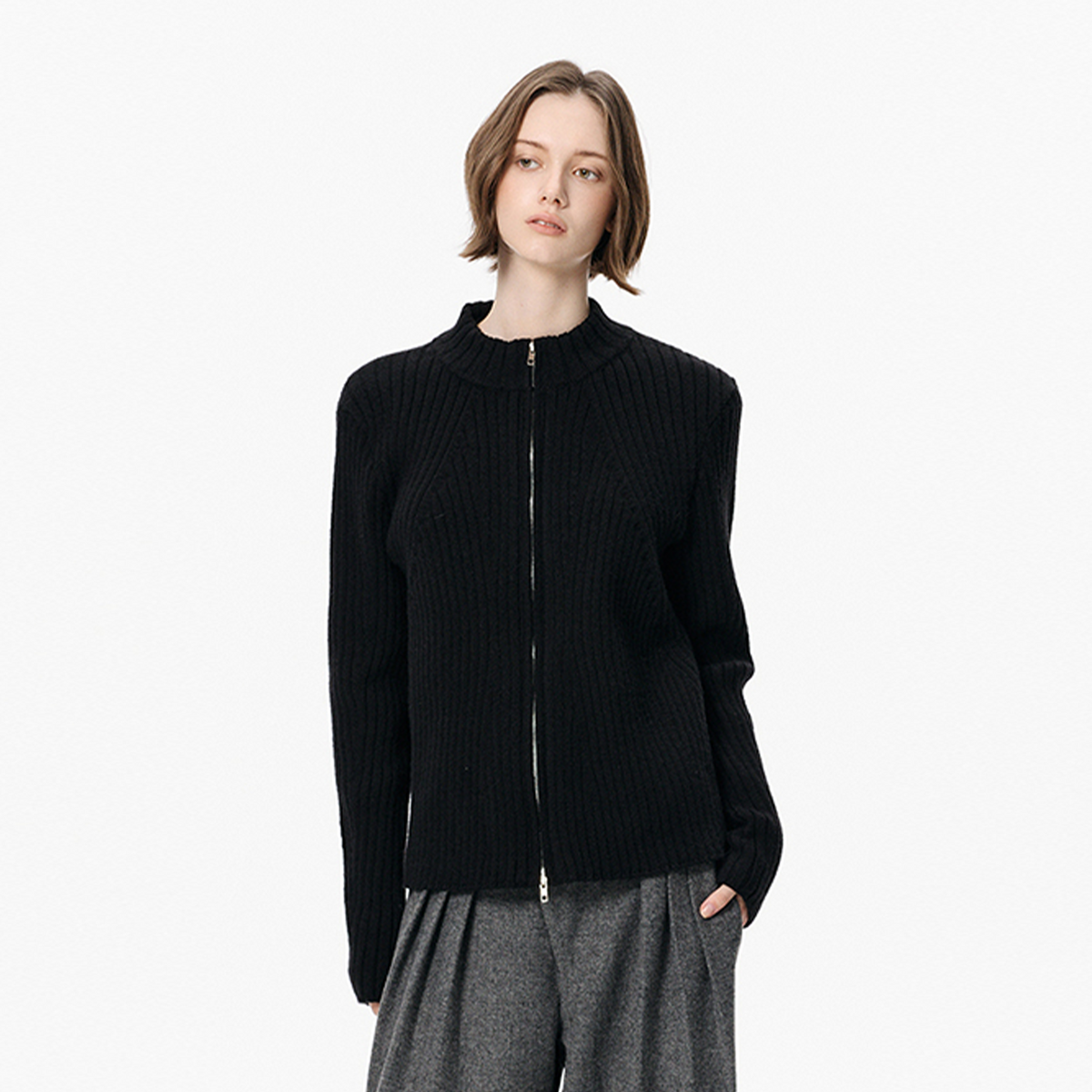 KREATE Ribbed Mock-Neck Double-Zip Cardigan Sweater
