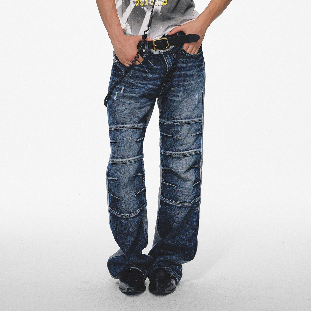TRECLUB Retro Washed Distressed Spliced Jeans