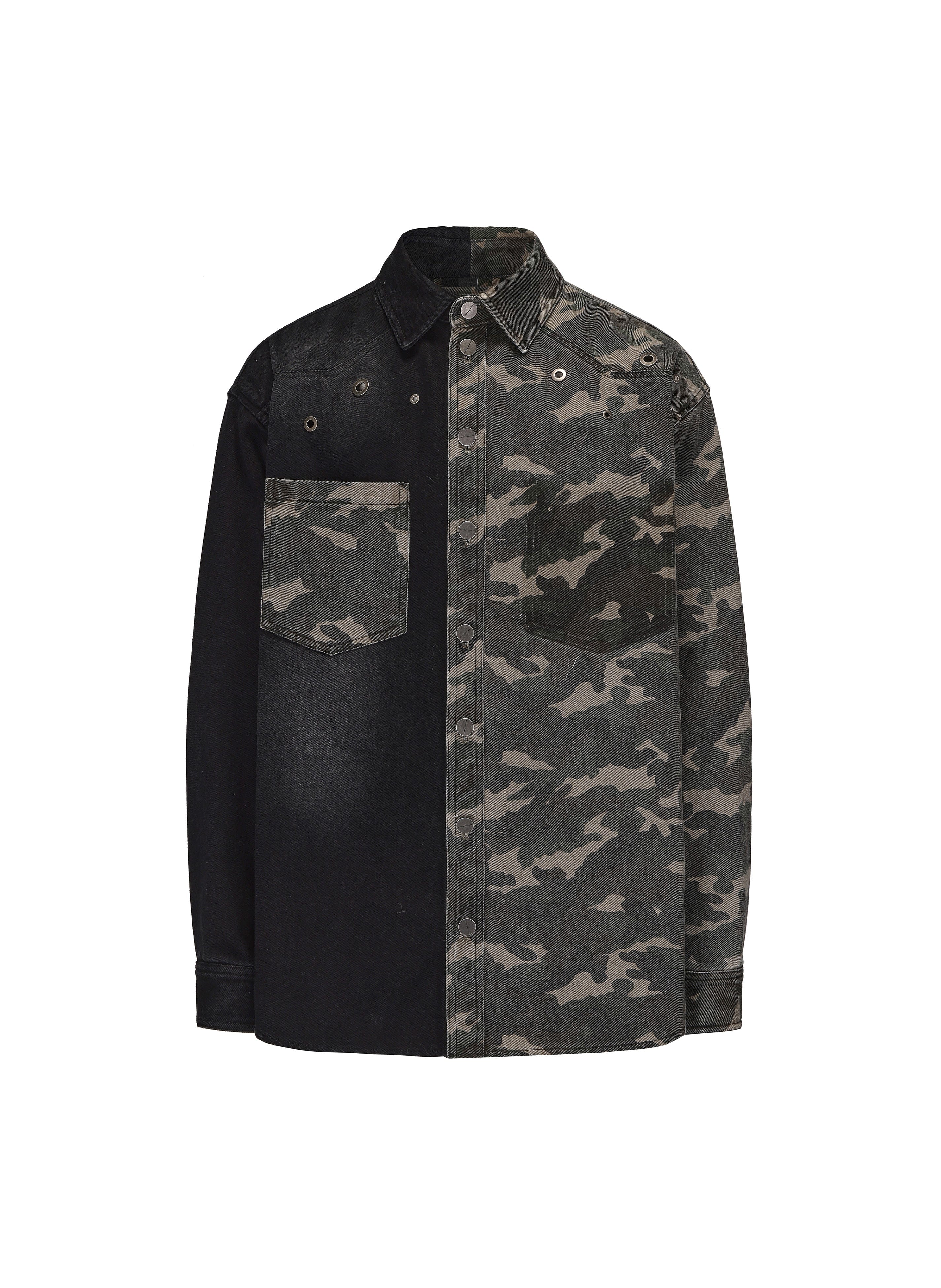 VANN VALRENCE Paneled Camo Denim Shirt