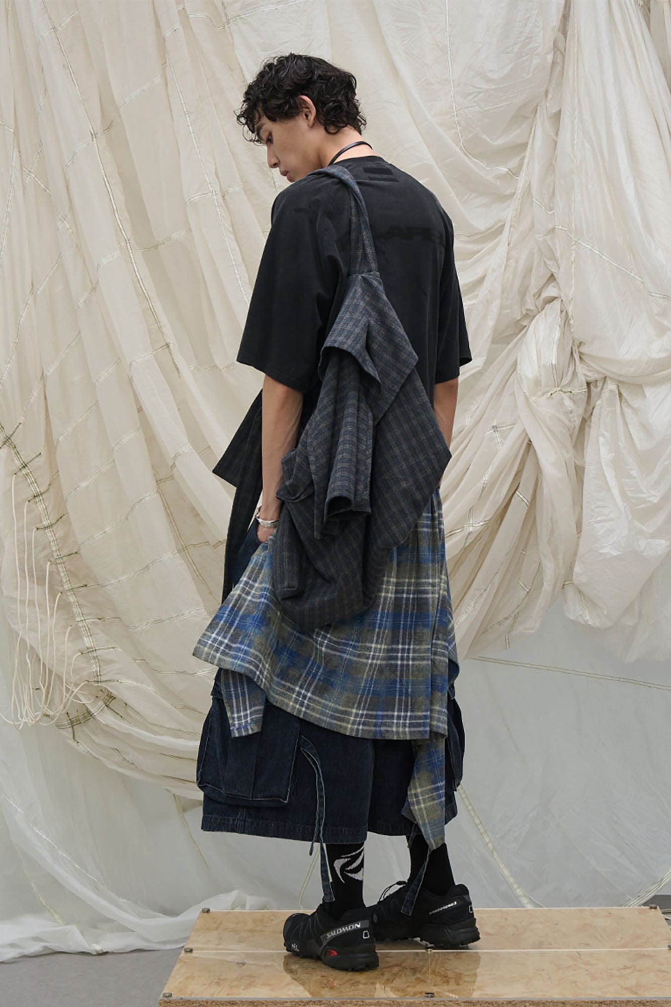 RELABEL Detachable Plaid Drape Denim Shorts, premium urban and streetwear designers apparel on PROJECTISR.com, RELABEL