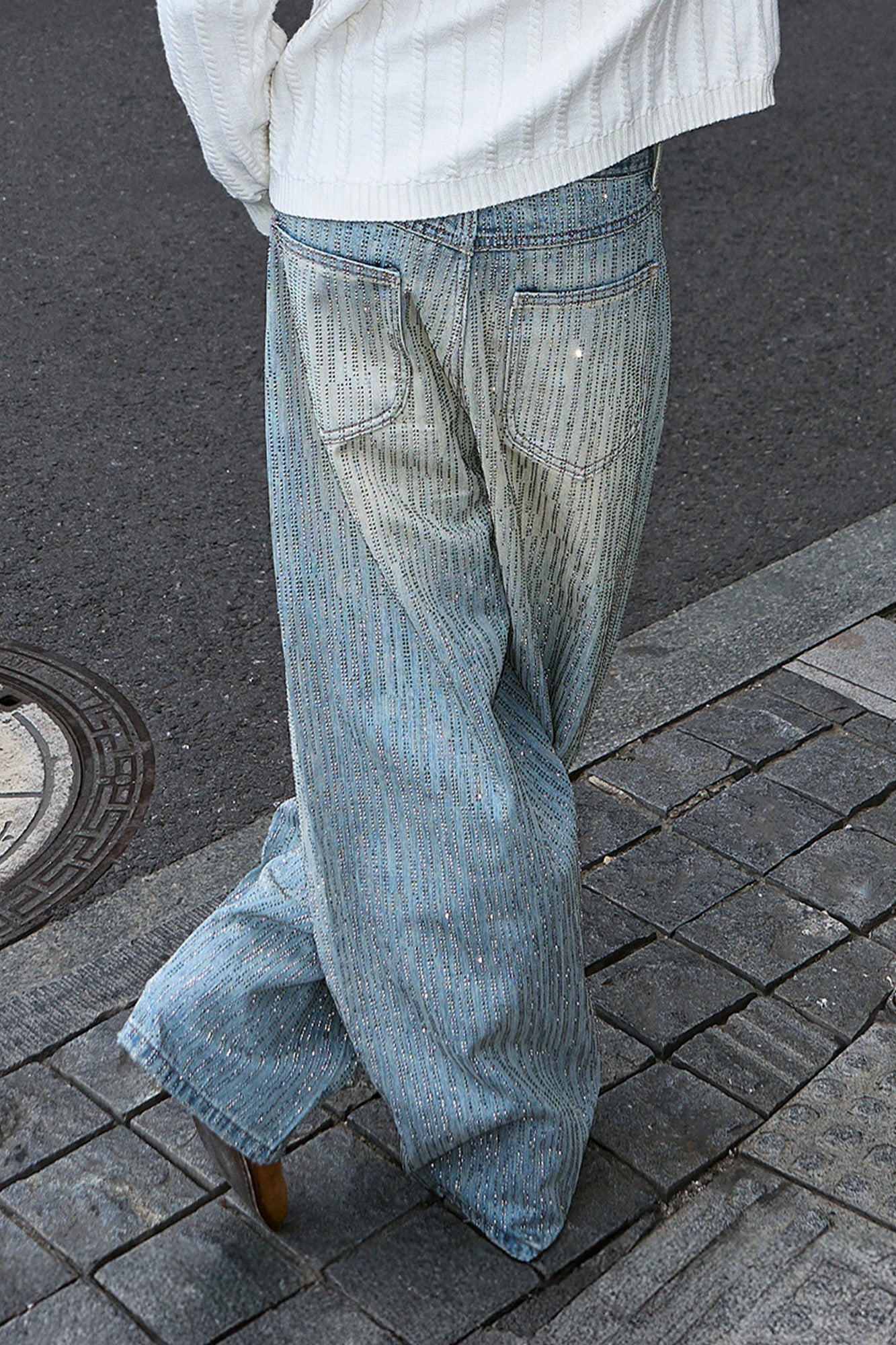 STEEPC Washed Rhinestone Embellished Baggy Jeans
