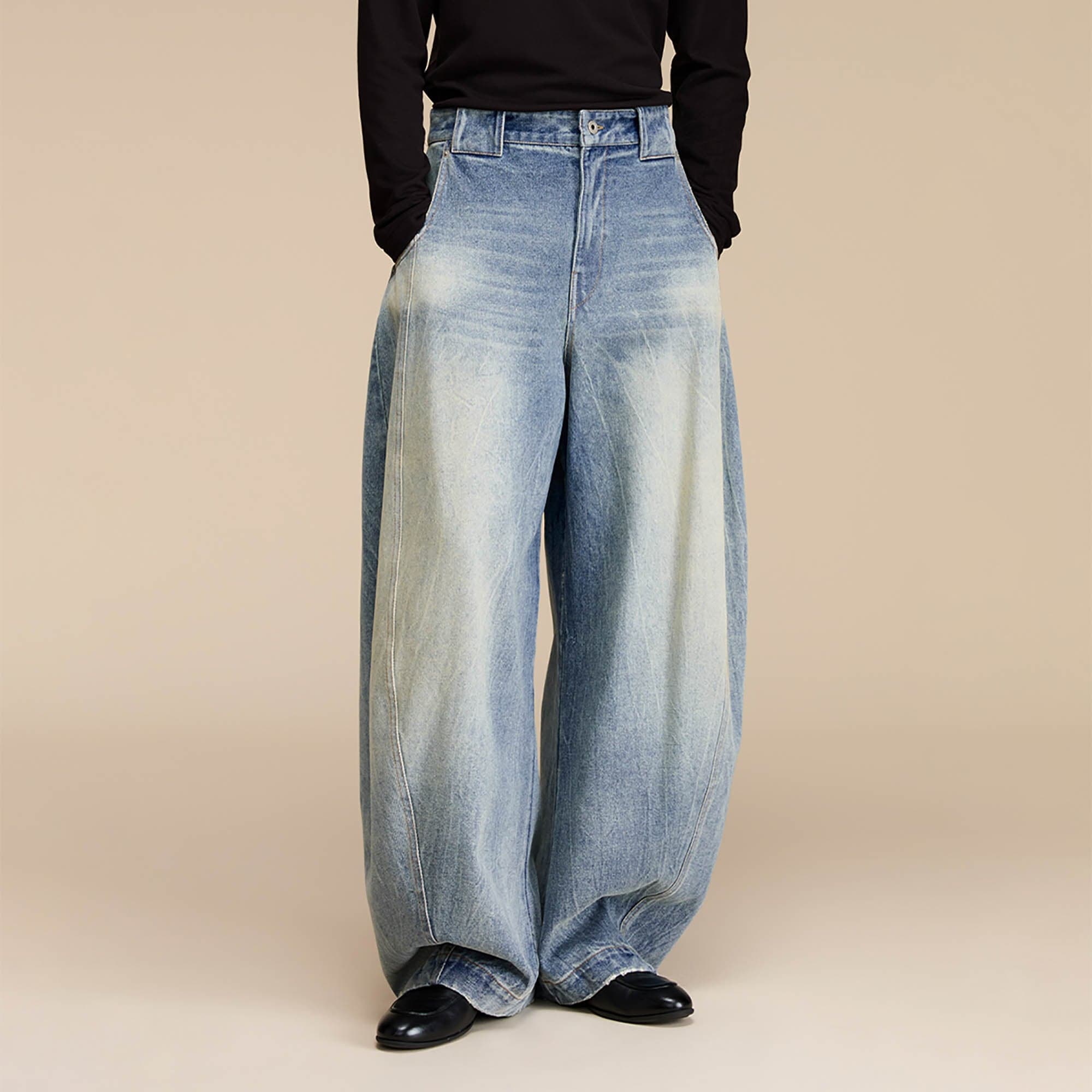 OPICLOTH Distressed Spliced Barrel-Leg Jeans, premium urban and streetwear designers apparel on PROJECTISR.com, OPICLOTH