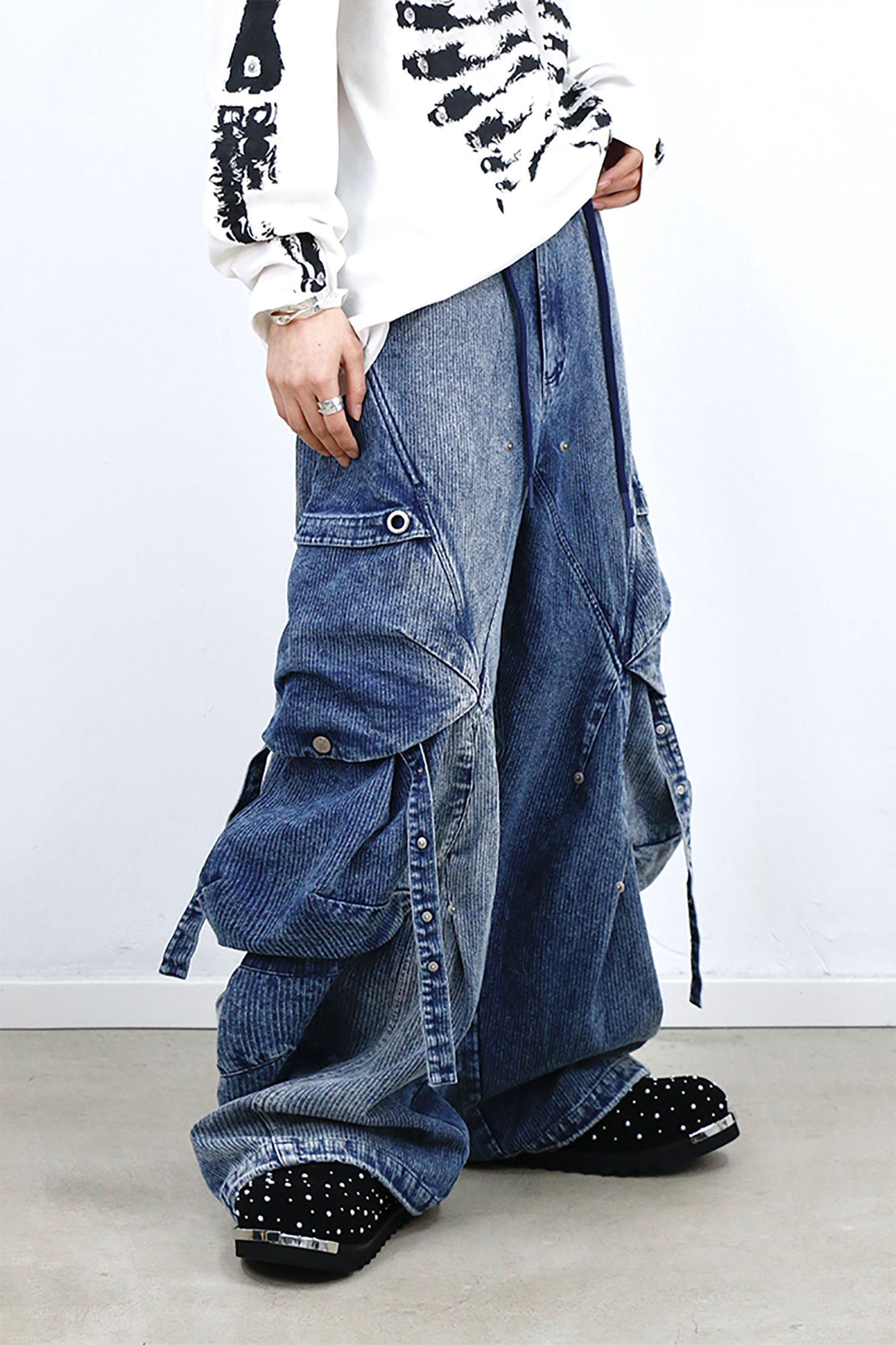 RELABEL Washed Paneled Strap Oversized Cargo Jeans Blue, premium urban and streetwear designers apparel on PROJECTISR.com, RELABEL