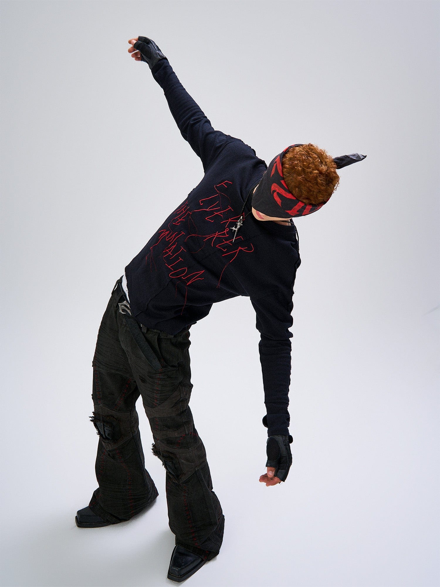 FLYERRER Cross-Panel Contrast Frayed Embroidered Long-Sleeve Tee, premium urban and streetwear designers apparel on PROJECTISR.com, FLYERRER