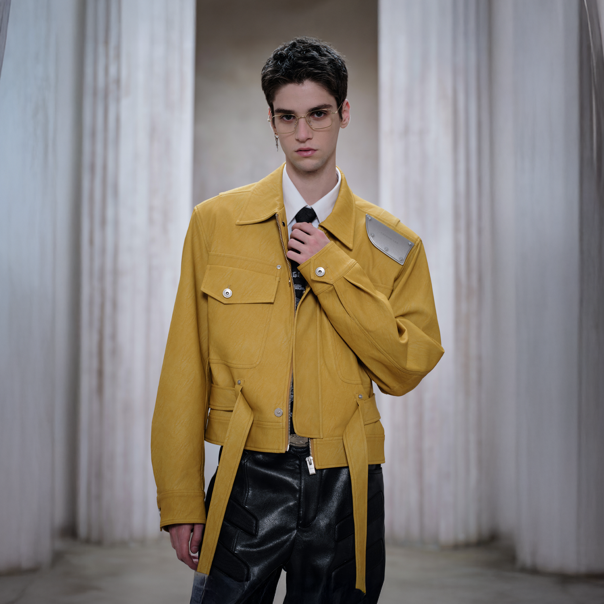 FACEONLAB Metal Epaulettes Belted Faux Leather Jacket Yellow