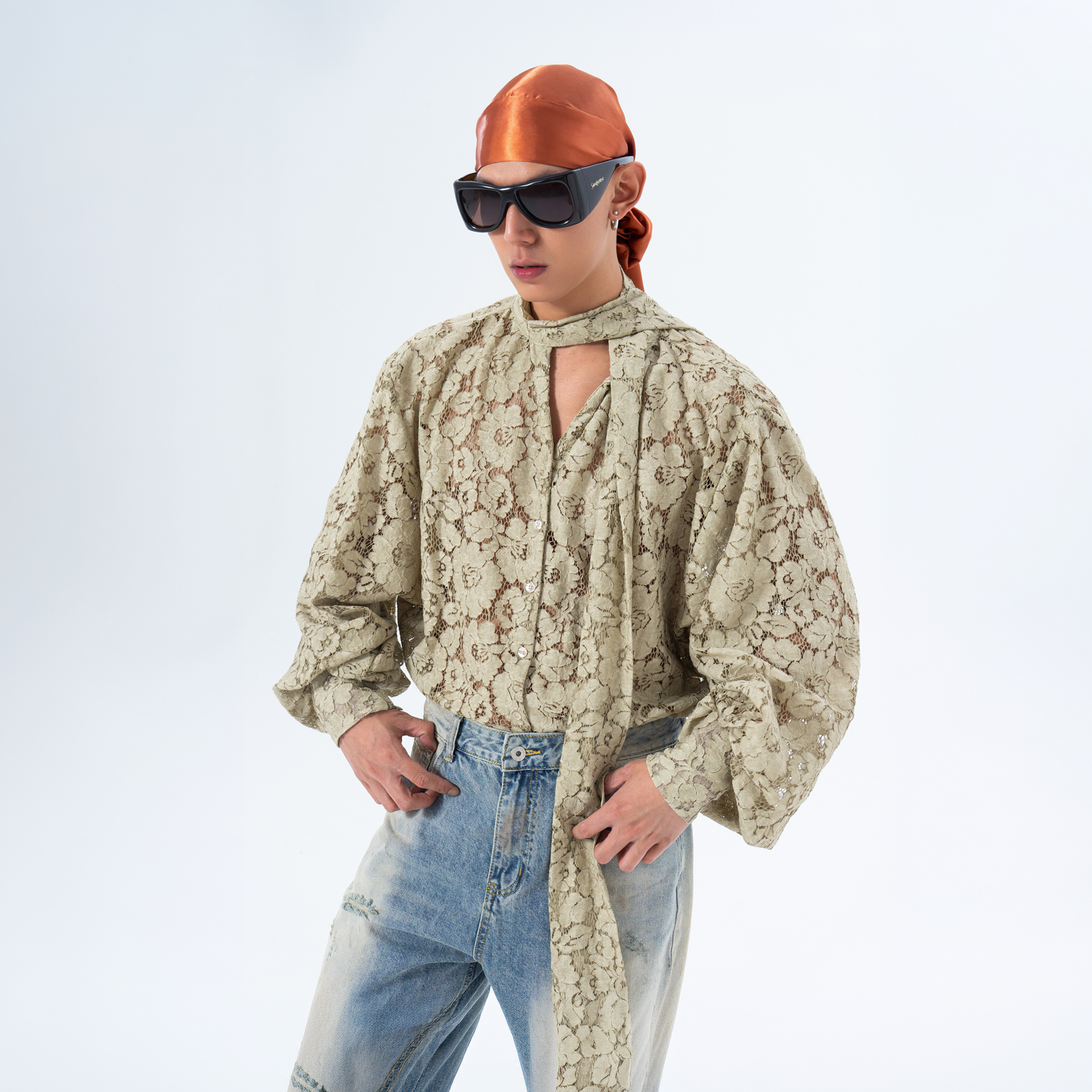 CLP Floral Lace Tie-Neck Shirt