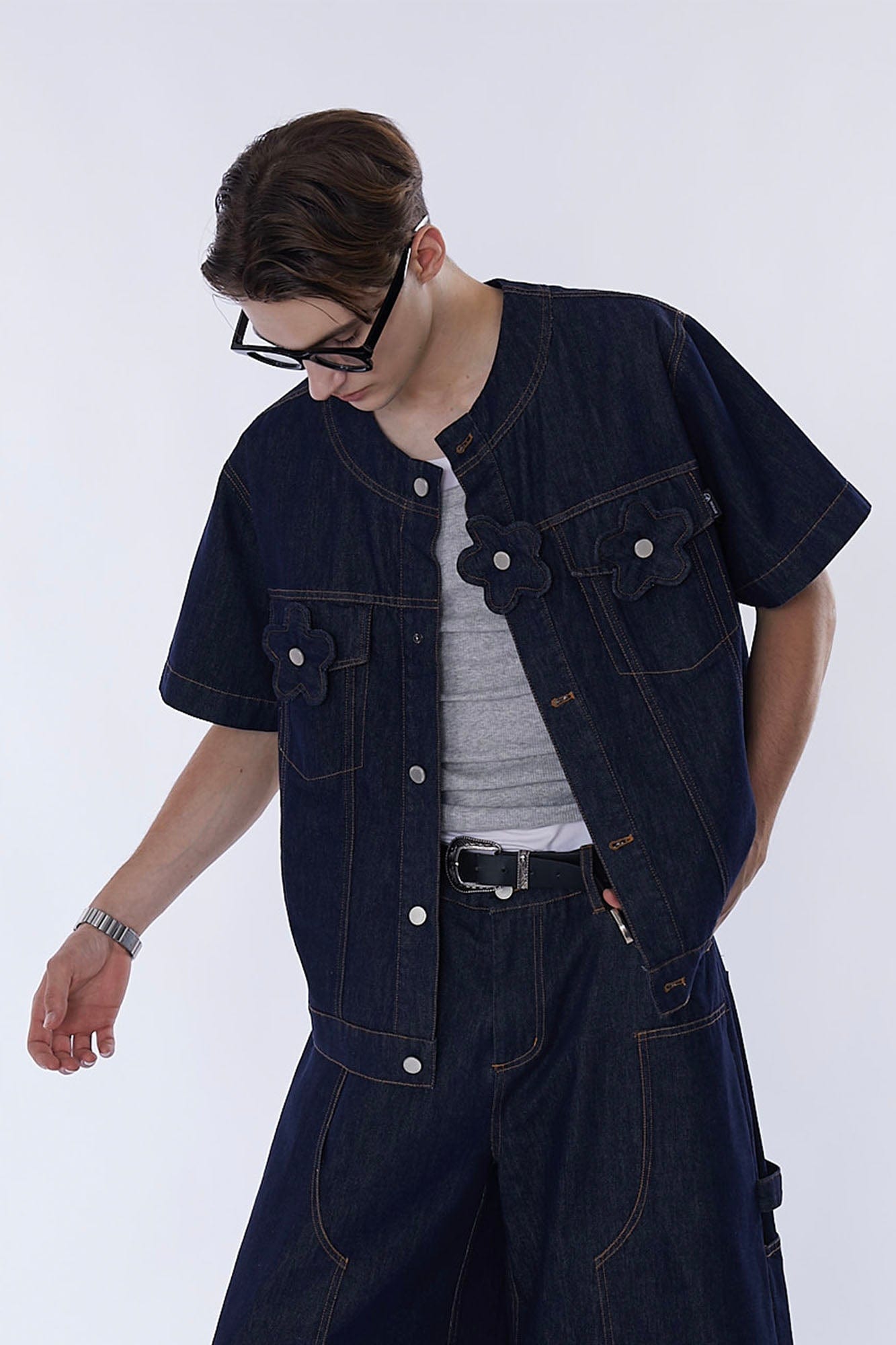 ASSEEN Flower Patchwork Stitched Raw Denim Half Shirt, premium urban and streetwear designers apparel on PROJECTISR.com, ASSEEN