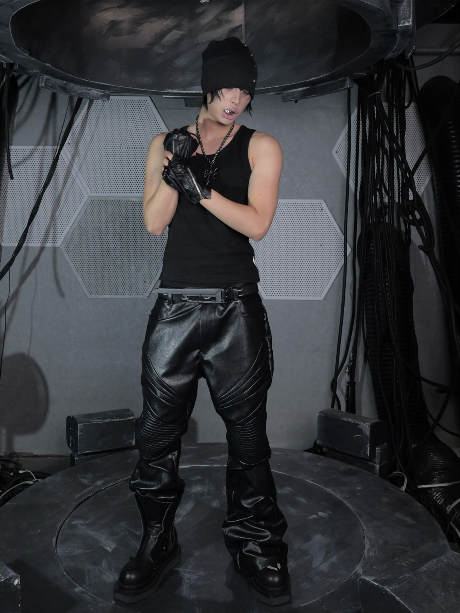 SSIN7 Paneled Faux Leather Flared Pants