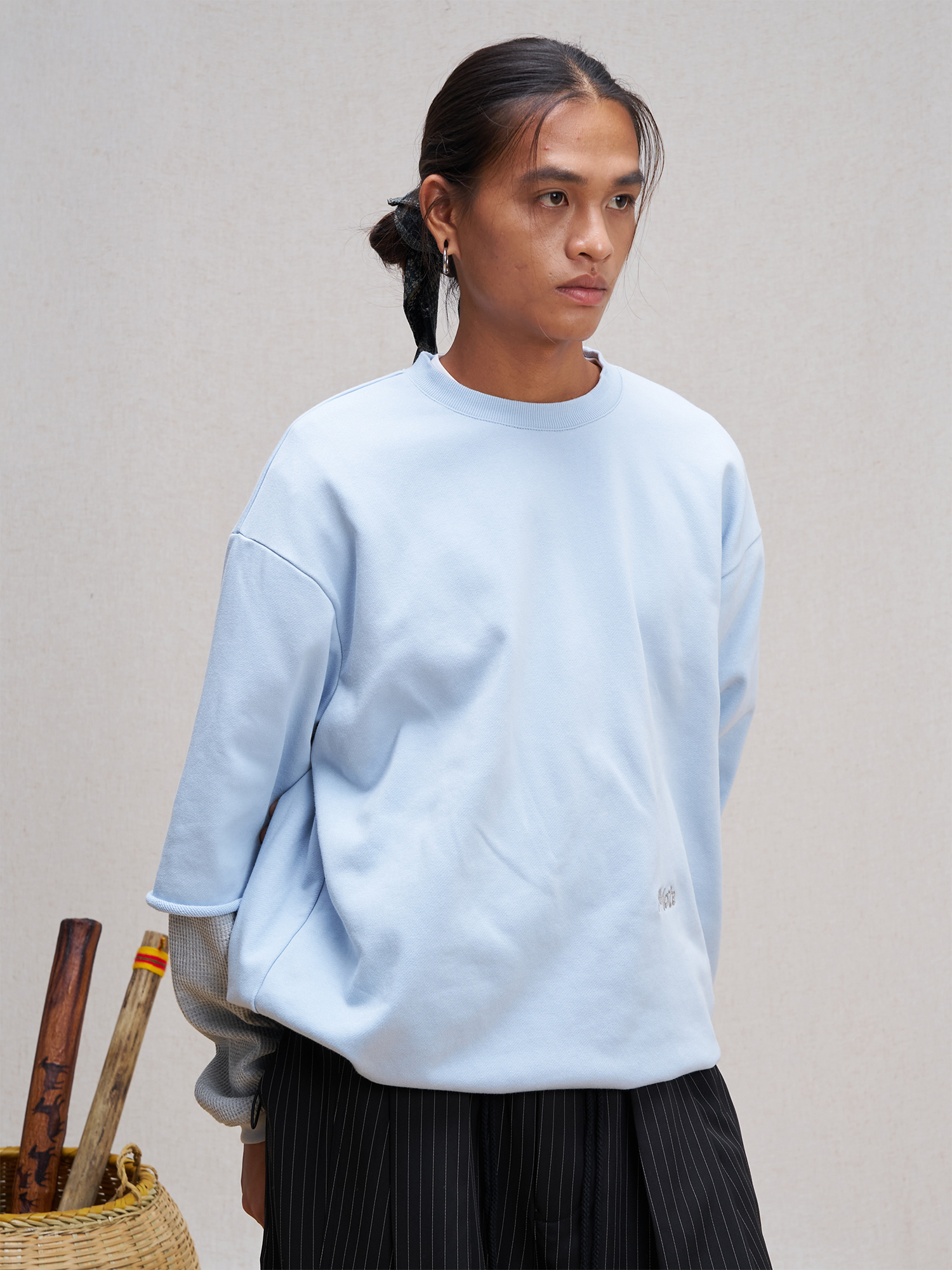 UNLIMITED MOTE Waffle Sleeve Layered Drawstring Hem Sweatshirt