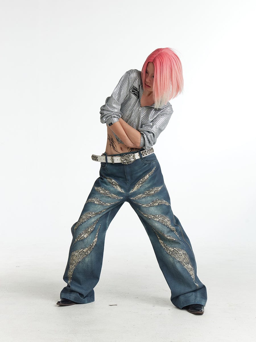 DND4DES Leopard Wings Embroidered Wide-Leg Jeans, premium urban and streetwear designers apparel on PROJECTISR.com, DND4DES
