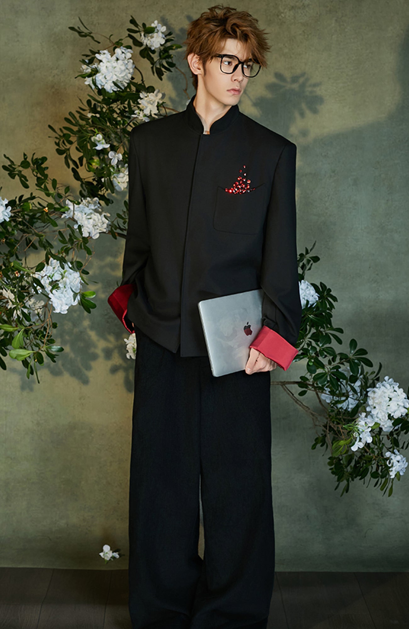 JIECHI Diamond Embellished Contrast Cuffs Mandarin Blazer