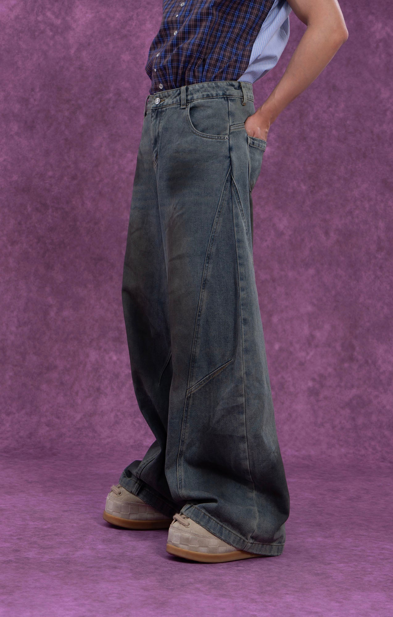 CLP Distressed Slant Panel Oversized Flared Jeans, premium urban and streetwear designers apparel on PROJECTISR.com, CLP