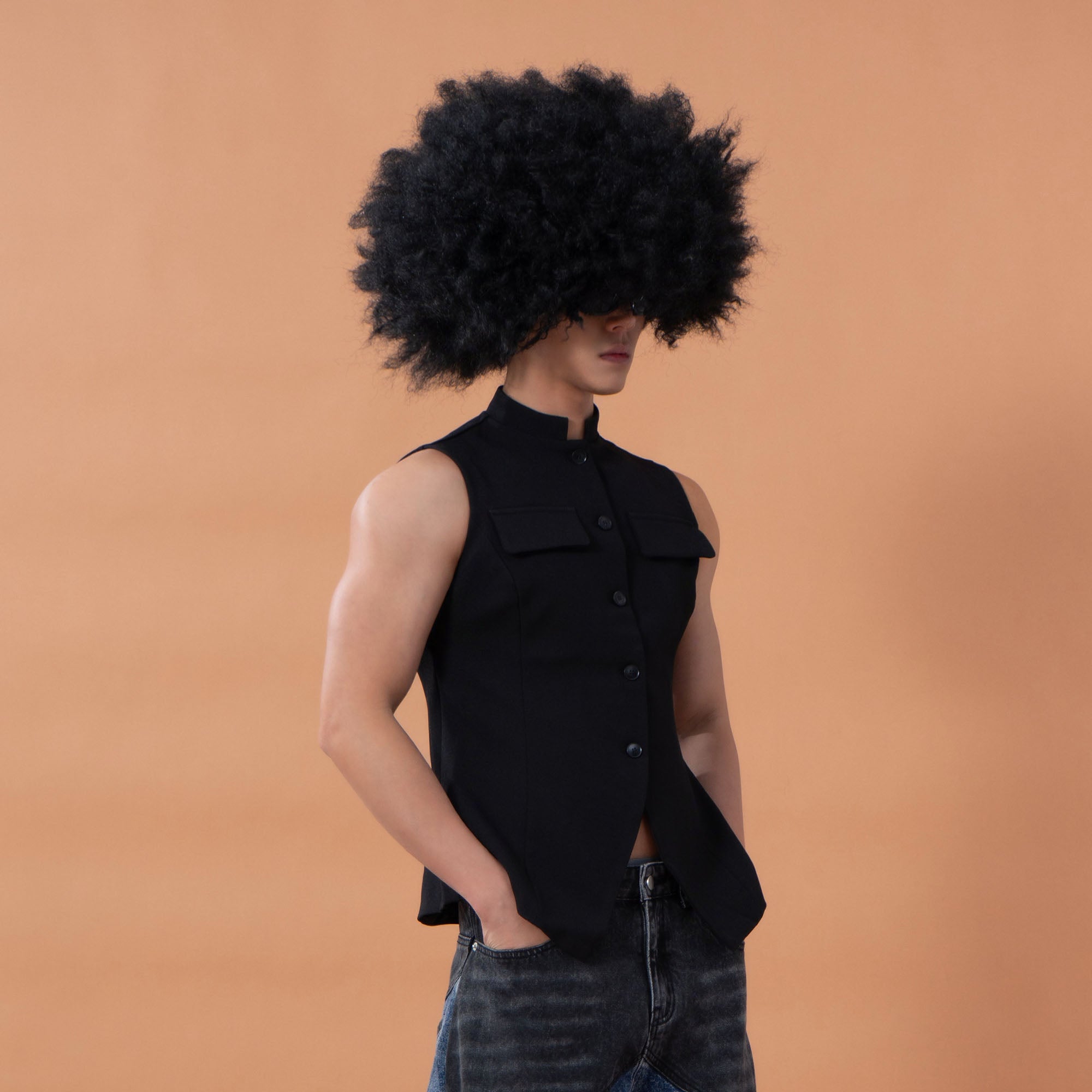 CLP Mandarin-Collar Curved-Placket Button Vest, premium urban and streetwear designers apparel on PROJECTISR.com, CLP