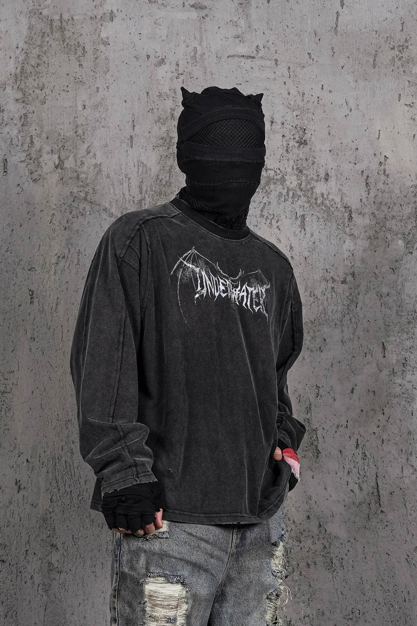 UNDERWATER Hellbound Wing Distressed Spliced Long-Sleeve Tee, premium urban and streetwear designers apparel on PROJECTISR.com, UNDERWATER