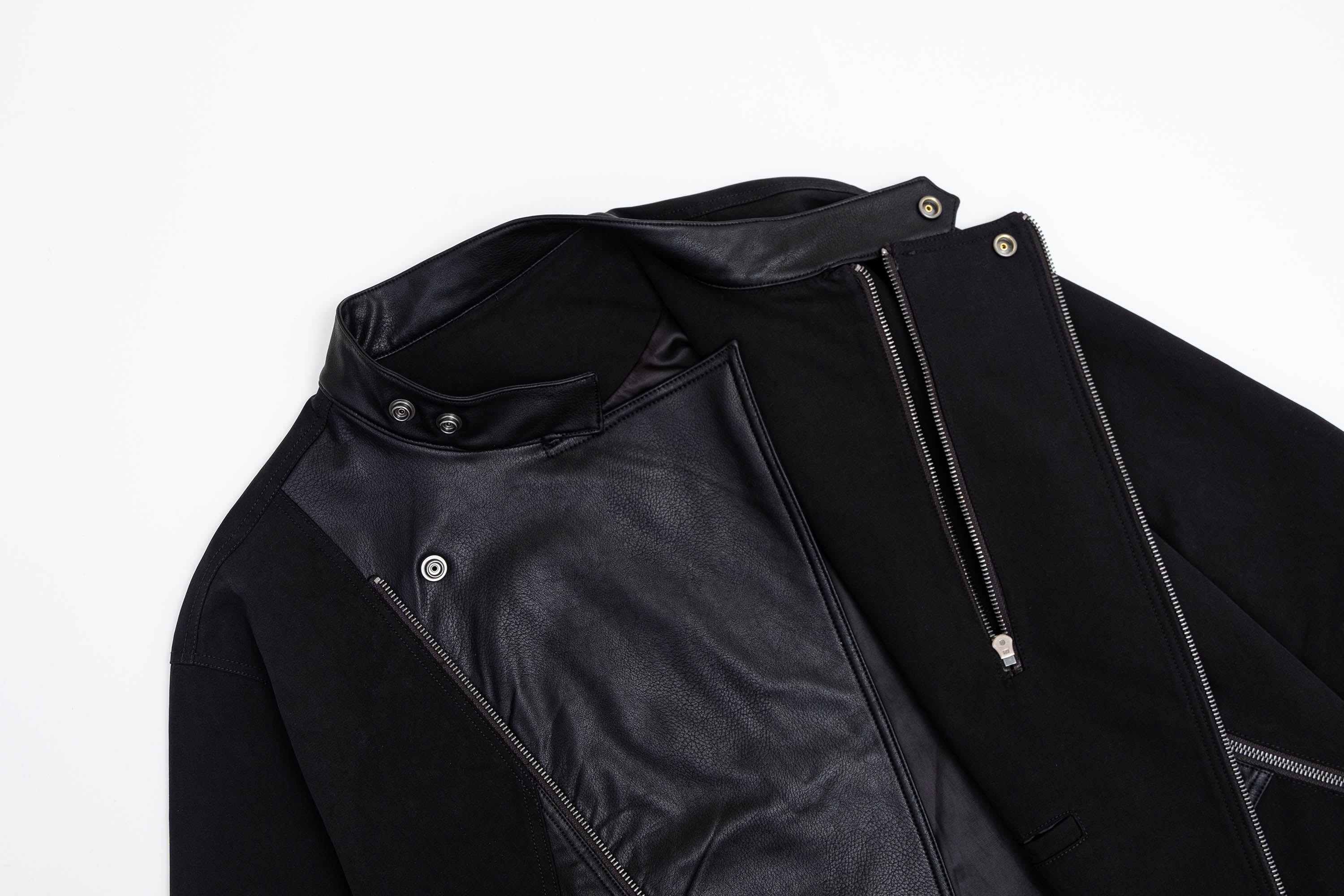 IN EXISTENCE Multi-Zip Asymmetrical Spliced Leather Biker Jacket, premium urban and streetwear designers apparel on PROJECTISR.com, IN EXISTENCE