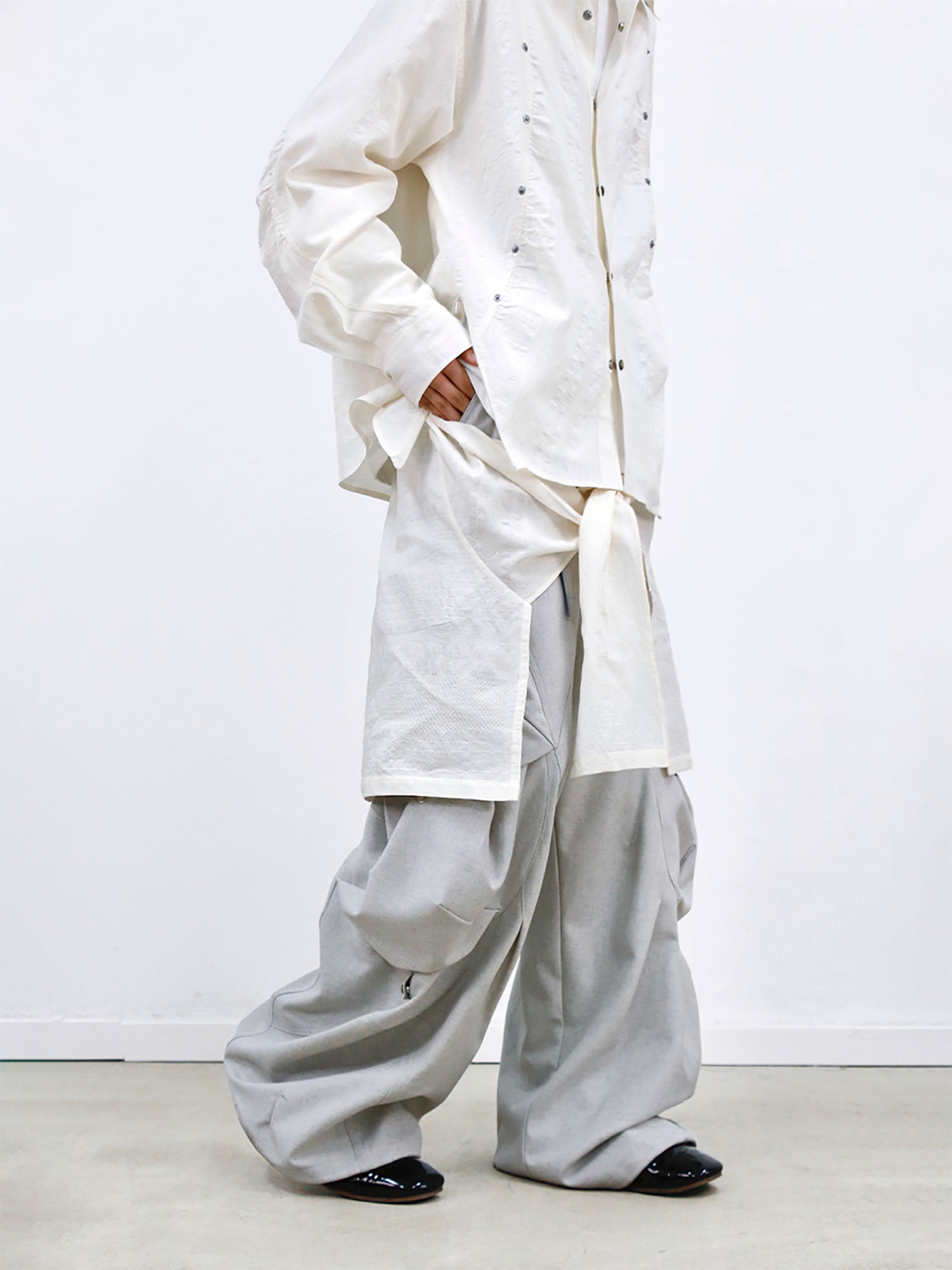 RELABEL Detachable Drape Linen-Blend Cargo Light Gray, premium urban and streetwear designers apparel on PROJECTISR.com, RELABEL