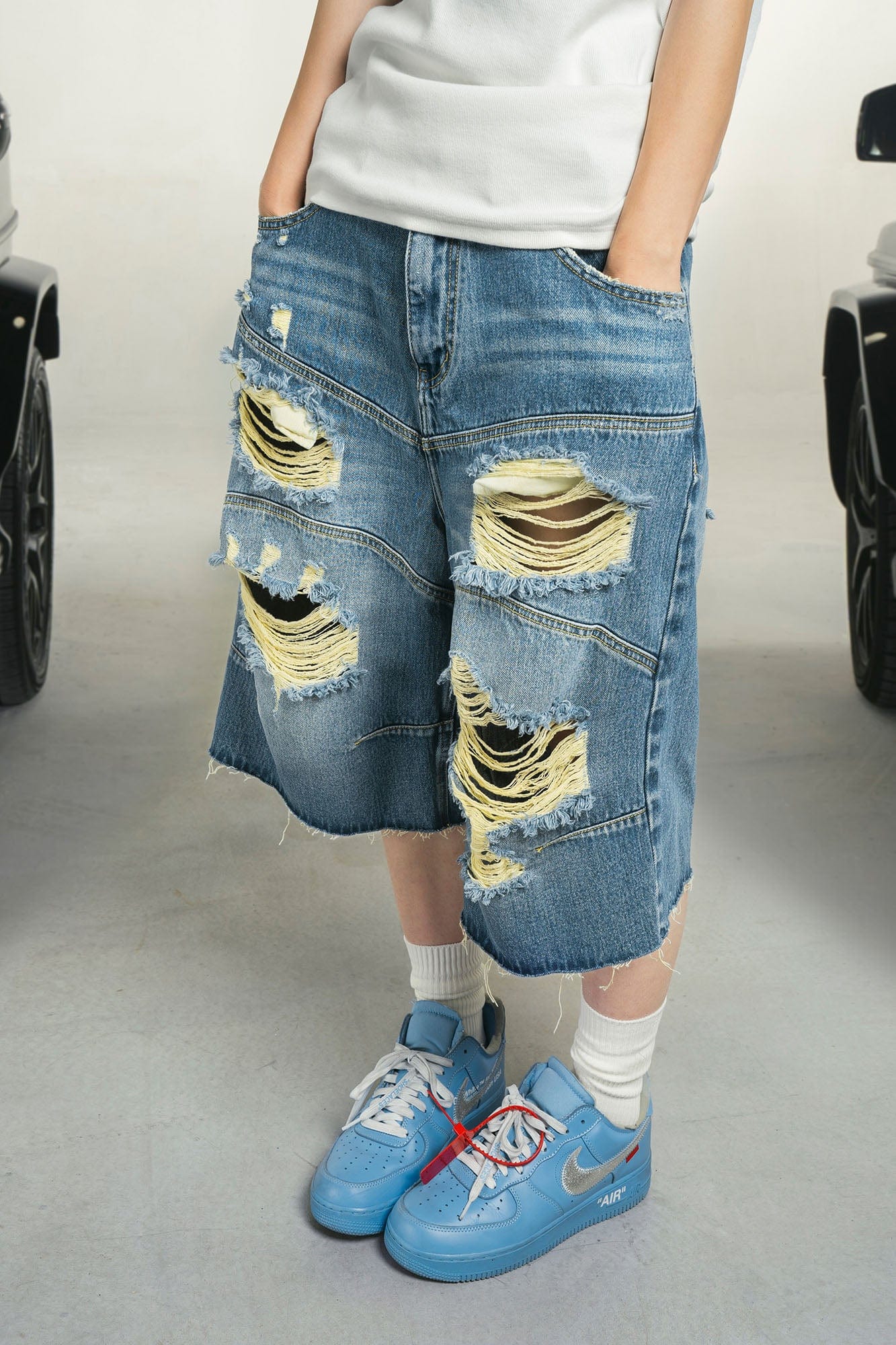 MAKEMORE Distressed Arc Spliced Ripped Denim Shorts, premium urban and streetwear designers apparel on PROJECTISR.com, MAKEMORE