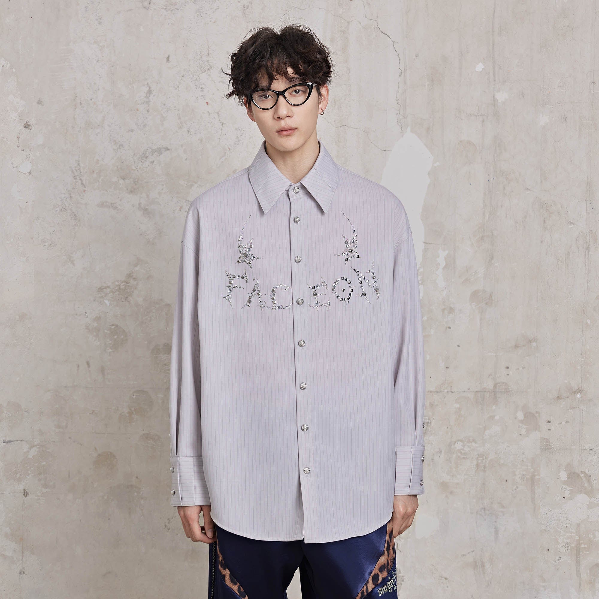 FACEONLAB Pinstriped Rivet Diamond Shirt, premium urban and streetwear designers apparel on PROJECTISR.com, FACEONLAB