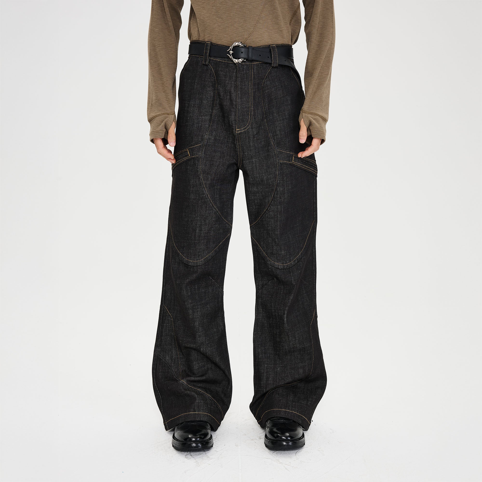 CATSSTAC Retro Curved Seam Panel Raw Jeans, premium urban and streetwear designers apparel on PROJECTISR.com, CATSSTAC