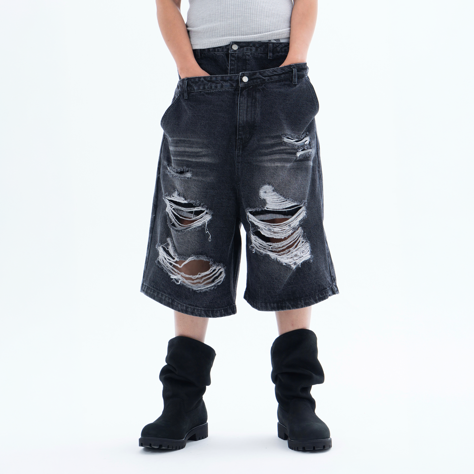CLP Distressed Double-Waist Denim Shorts