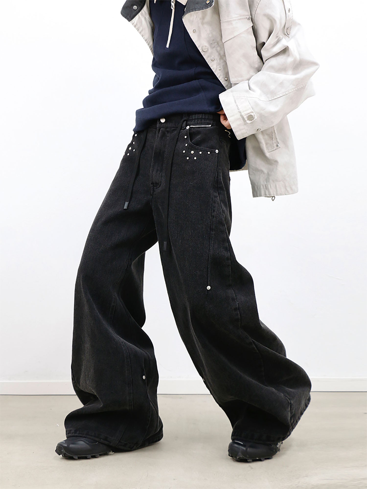 RELABEL Washed Studded Panel Oversized Jeans Black, premium urban and streetwear designers apparel on PROJECTISR.com, RELABEL