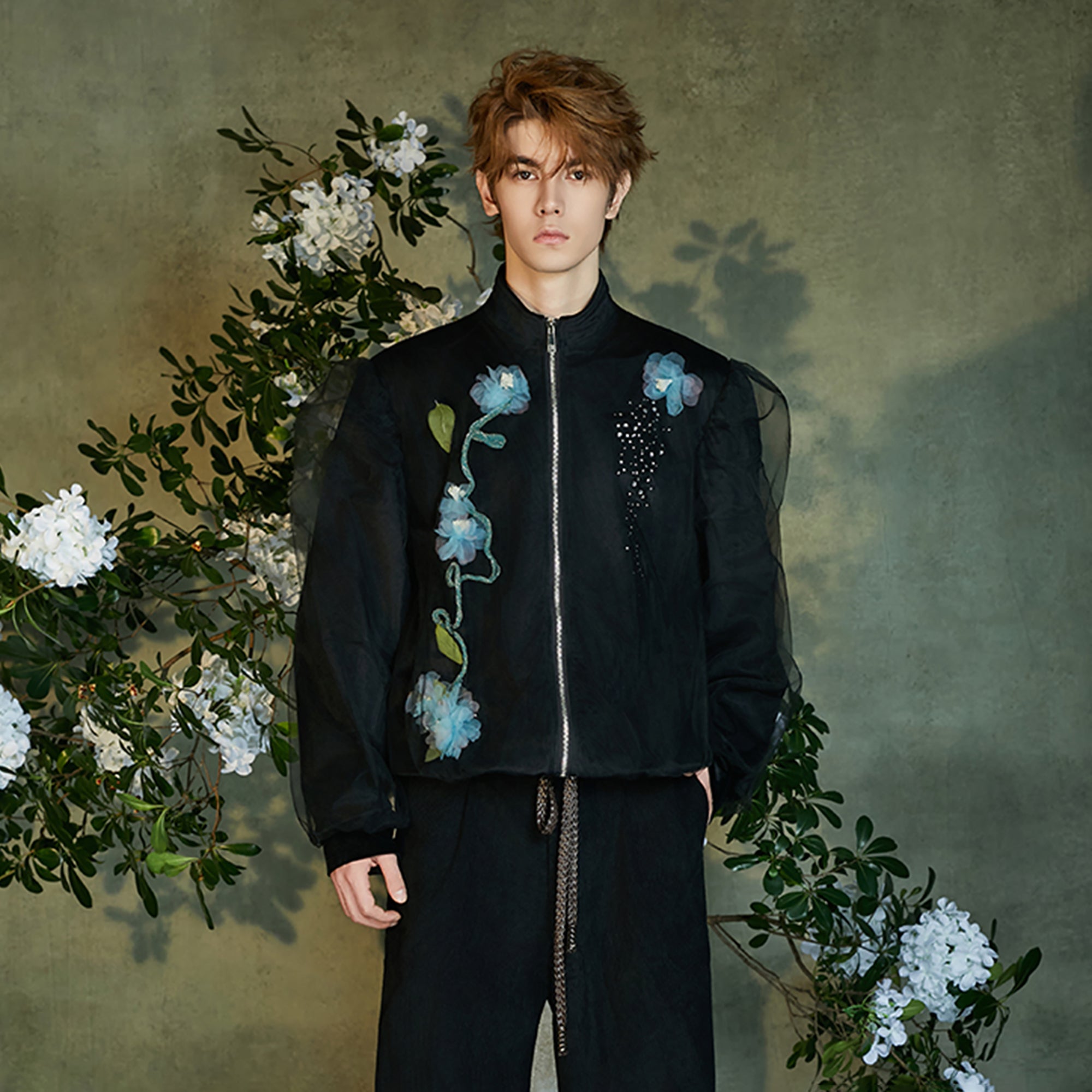 JIECHI Floral Embellished Velvet Sheer Layer Jacket