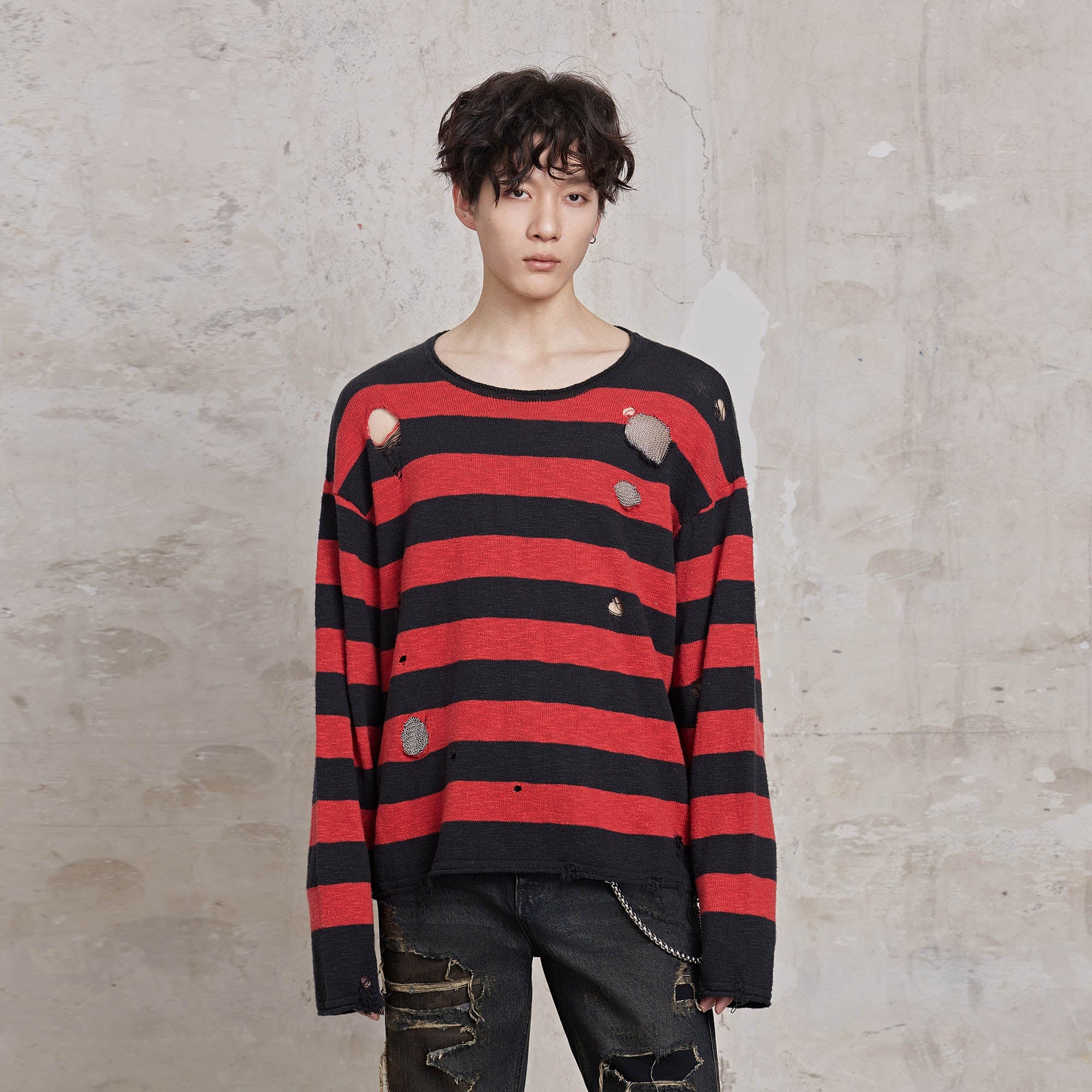 FACEONLAB Stripe Distressed Frayed Crewneck Sweater, premium urban and streetwear designers apparel on PROJECTISR.com, FACEONLAB