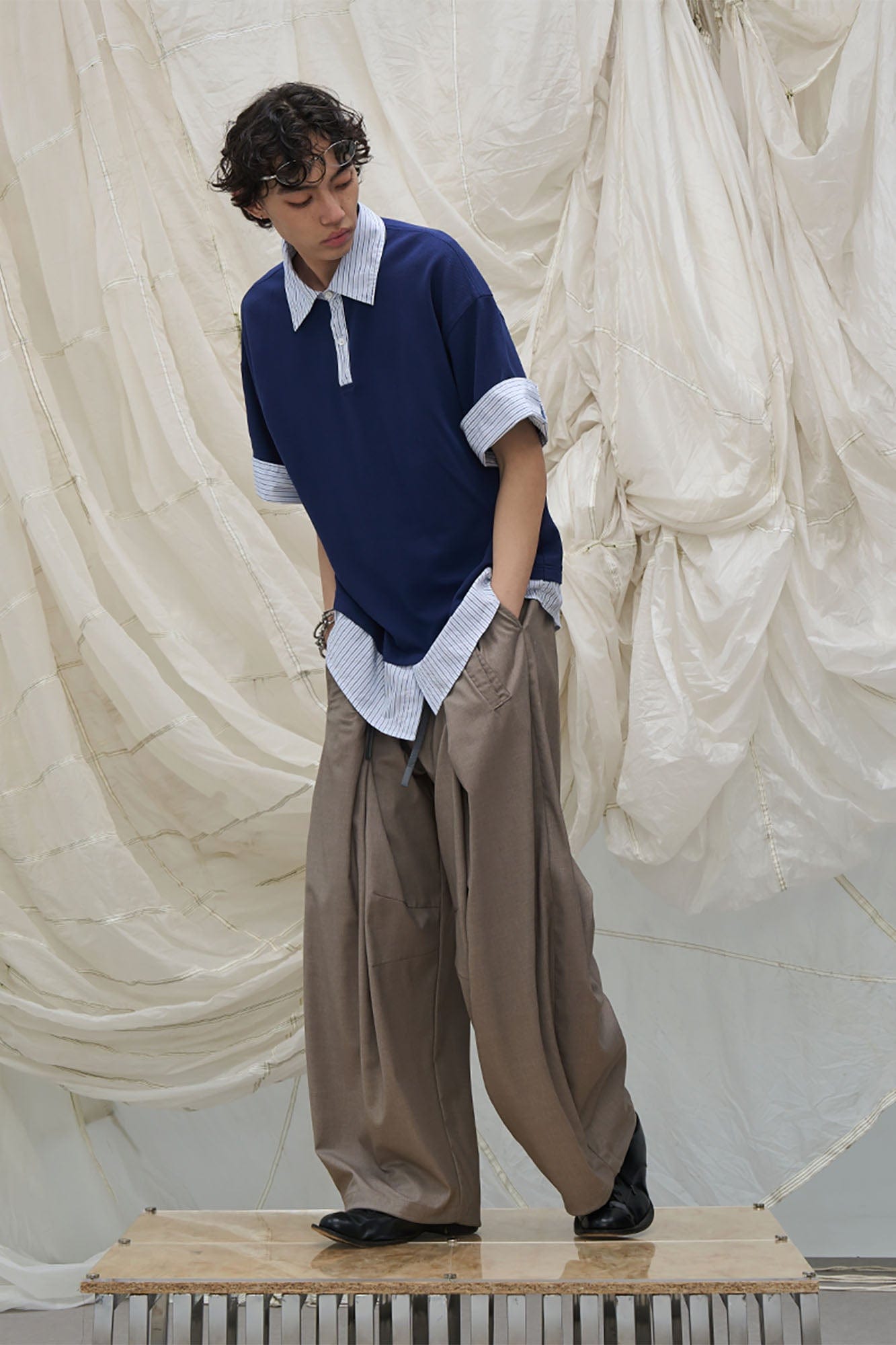 RELABEL Pleated Drawstring Curved Wide-Leg Trousers, premium urban and streetwear designers apparel on PROJECTISR.com, RELABEL