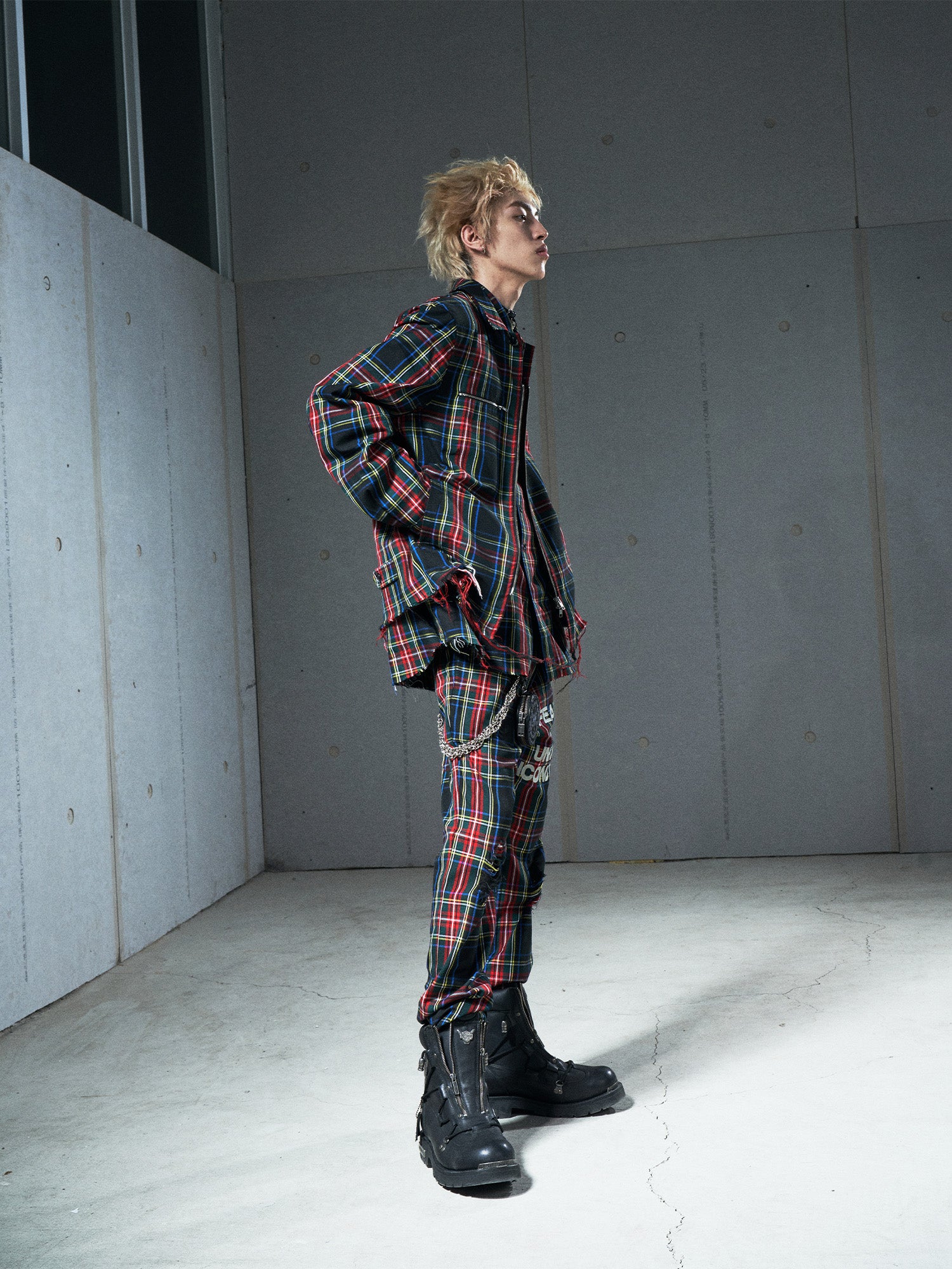 VENTUREK Distressed Zippered-Hem Slogan Slim Plaid Pants, premium urban and streetwear designers apparel on PROJECTISR.com, VENTUREK