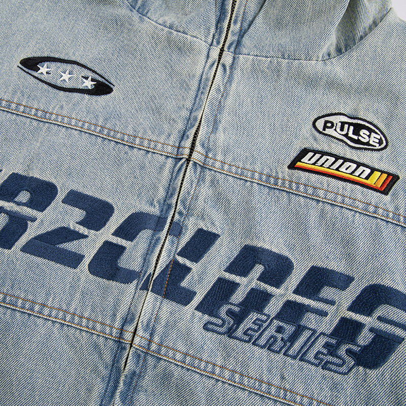 F2CE Washed Racing Patch Denim Hooded Puffer