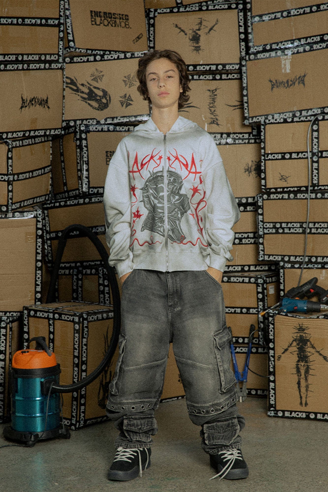 BLACK8MOB Washed Multi-Pocket Grommet Stacked Cargo Jeans, premium urban and streetwear designers apparel on PROJECTISR.com, BLACK8MOB