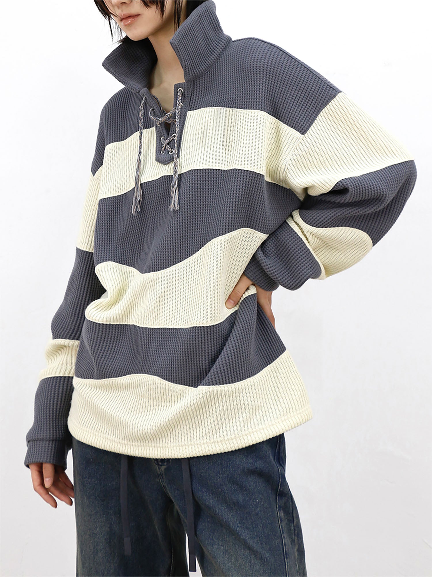 RELABEL Waffle-Knit Stripe Lace-Up Sweatshirt, premium urban and streetwear designers apparel on PROJECTISR.com, RELABEL