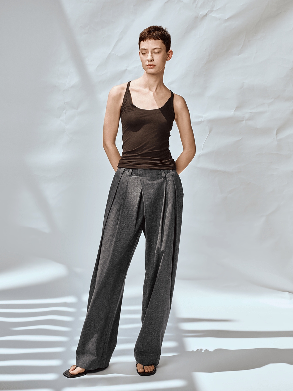 OPICLOTH Asymmetric Pleated Linen-Blend Micro Check Pants