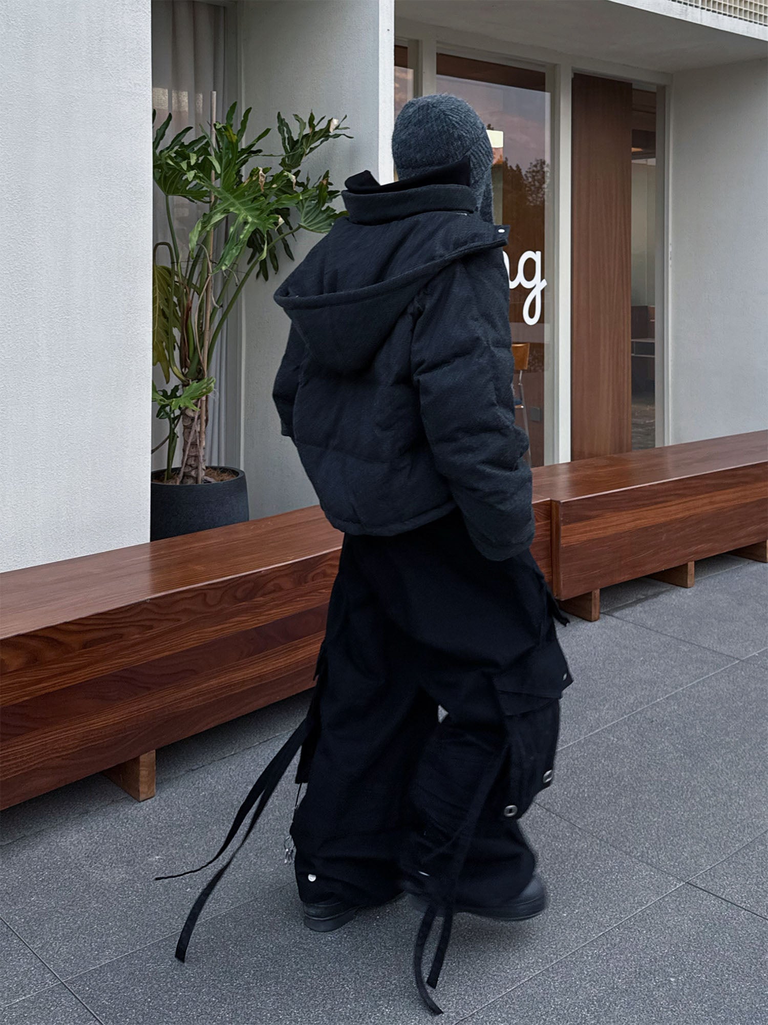 RELABEL Layered Detachable Hood Wool-Blend Puffer Jacket Gray